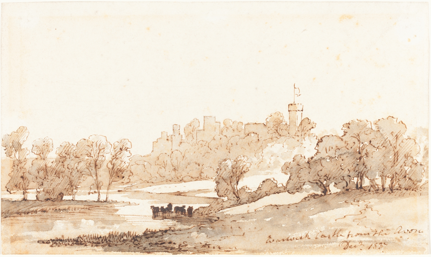 Warwick Castle from the Avon, oil painting by John Baverstock Knight, depicting a tranquil landscape with a river and castle.