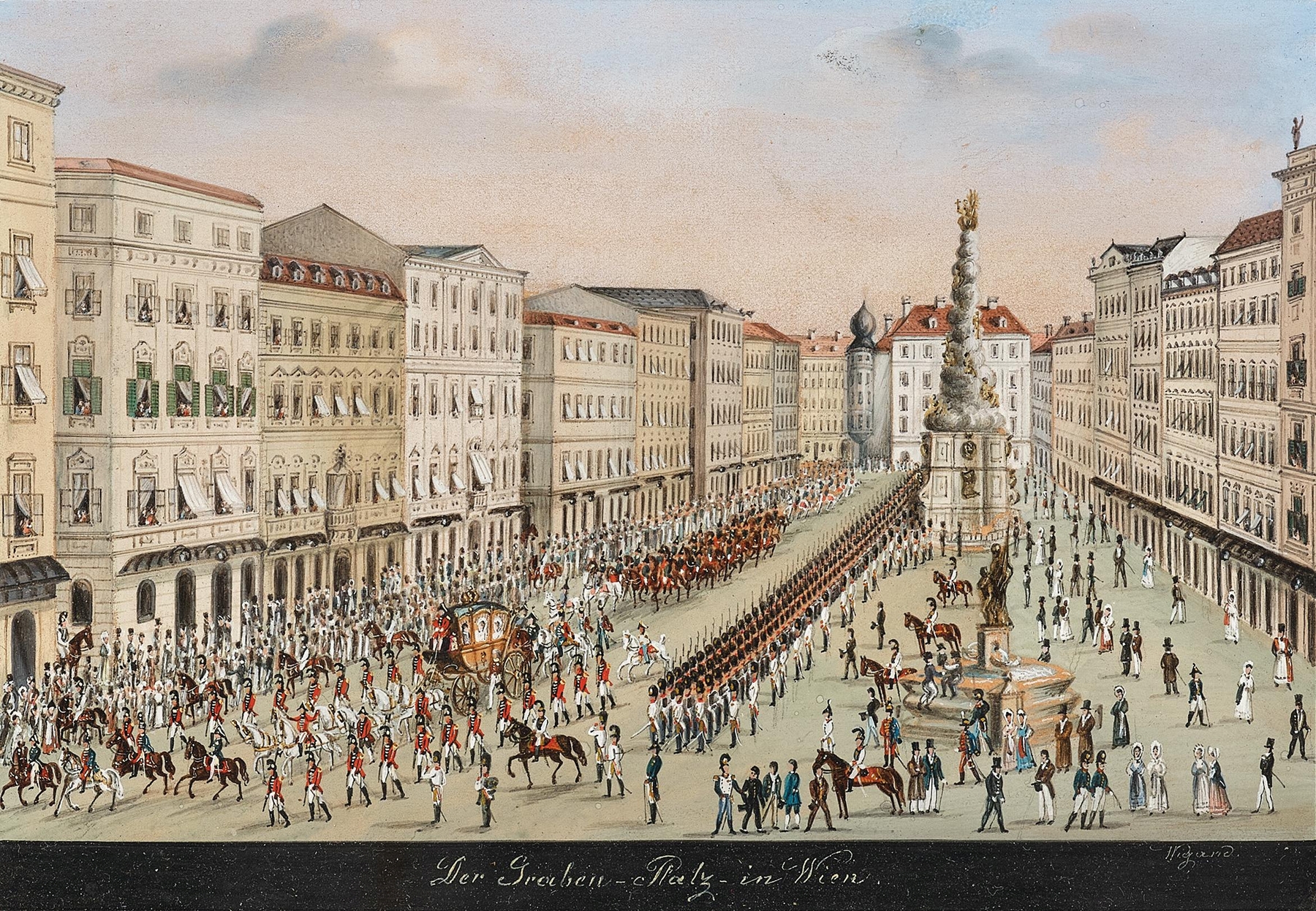 Historical scene with plague column and imperial coach by Balthasar Wigand, oil on canvas