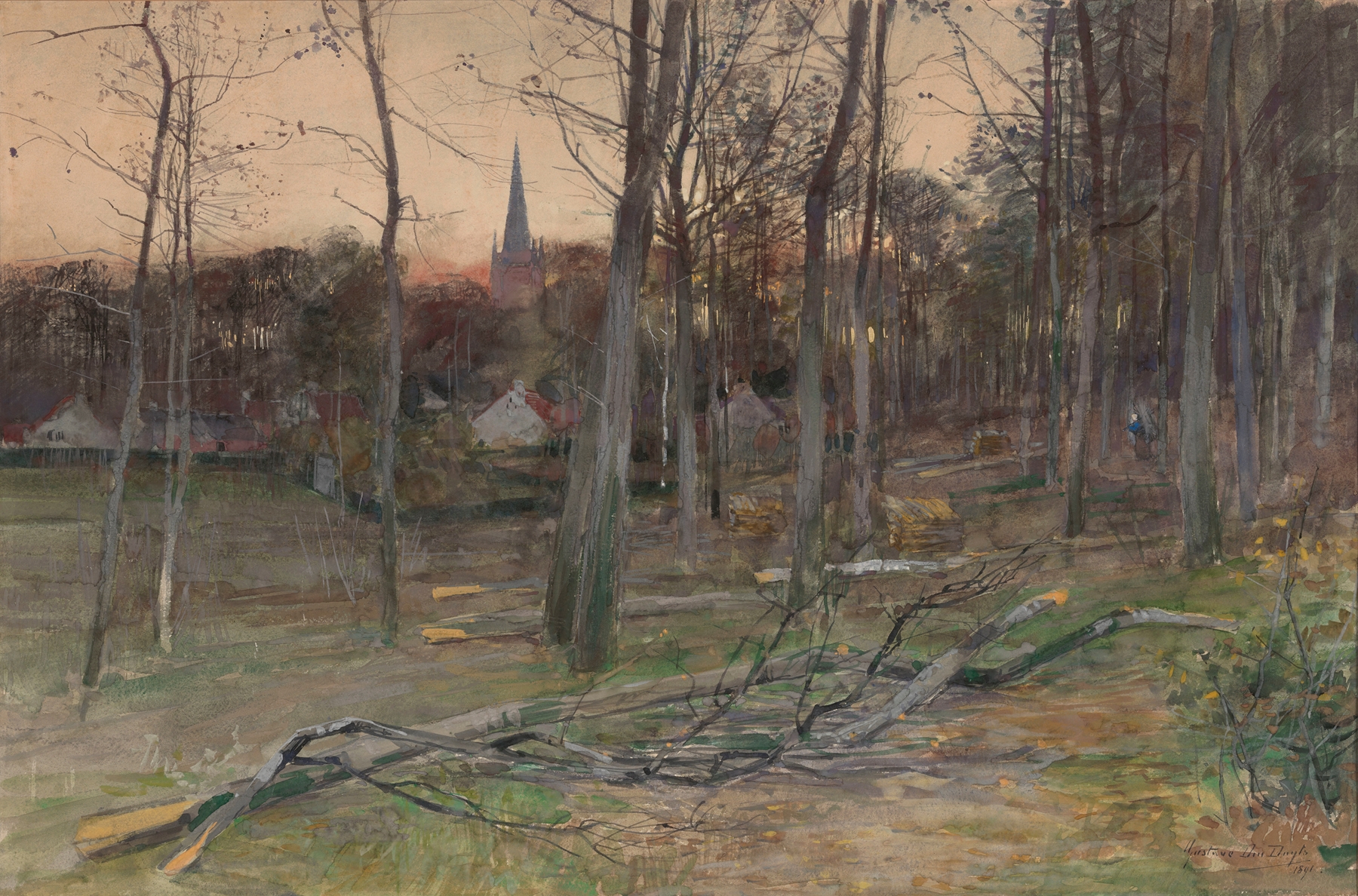 Fallen Trees by Gustave Den Duyts, oil on canvas, depicting gnarled roots and serene landscape.