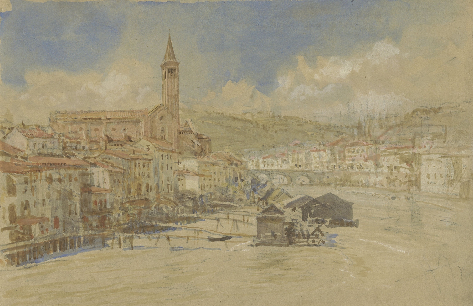 Landscape of Gezicht op S. Anastasia te Verona by John Ruskin, oil painting depicting a church and river.