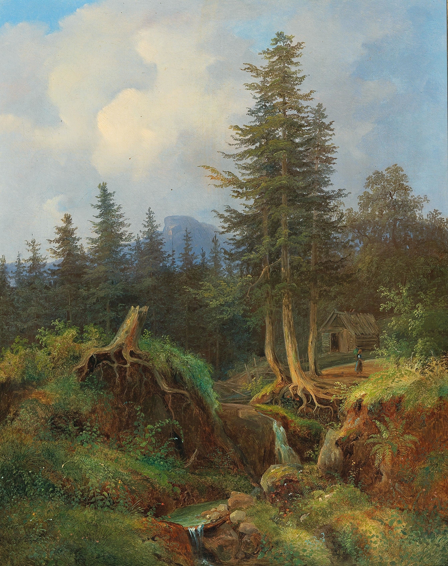 Landscape with Woodland Stream and Decorative Figures by Joseph Jonas, oil painting depicting a serene forest scene