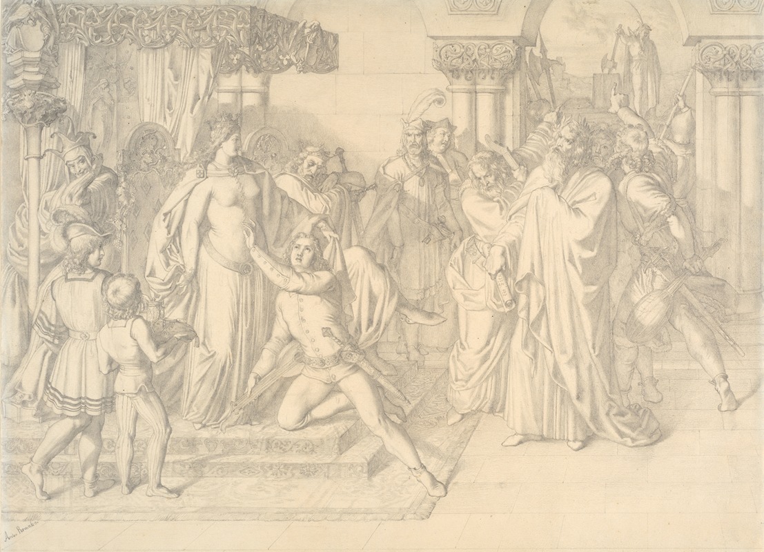 A depiction of a singing contest at the Wartburg, showcasing vibrant colors and dynamic figures.