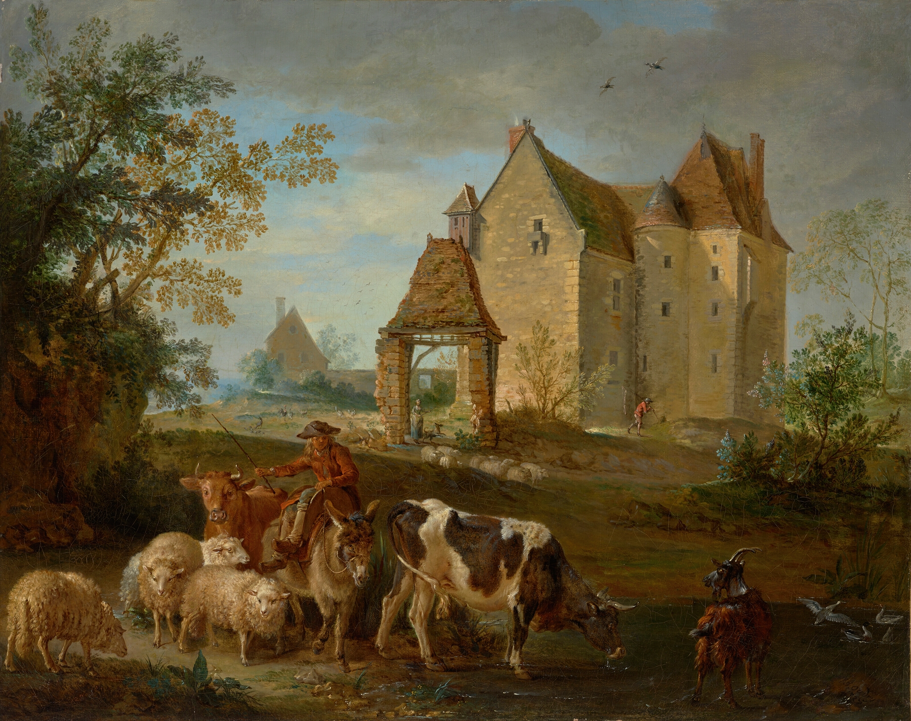 A landscape with a shepherd driving animals to pasture, a castle beyond, by Jean-Baptiste Oudry, public domain