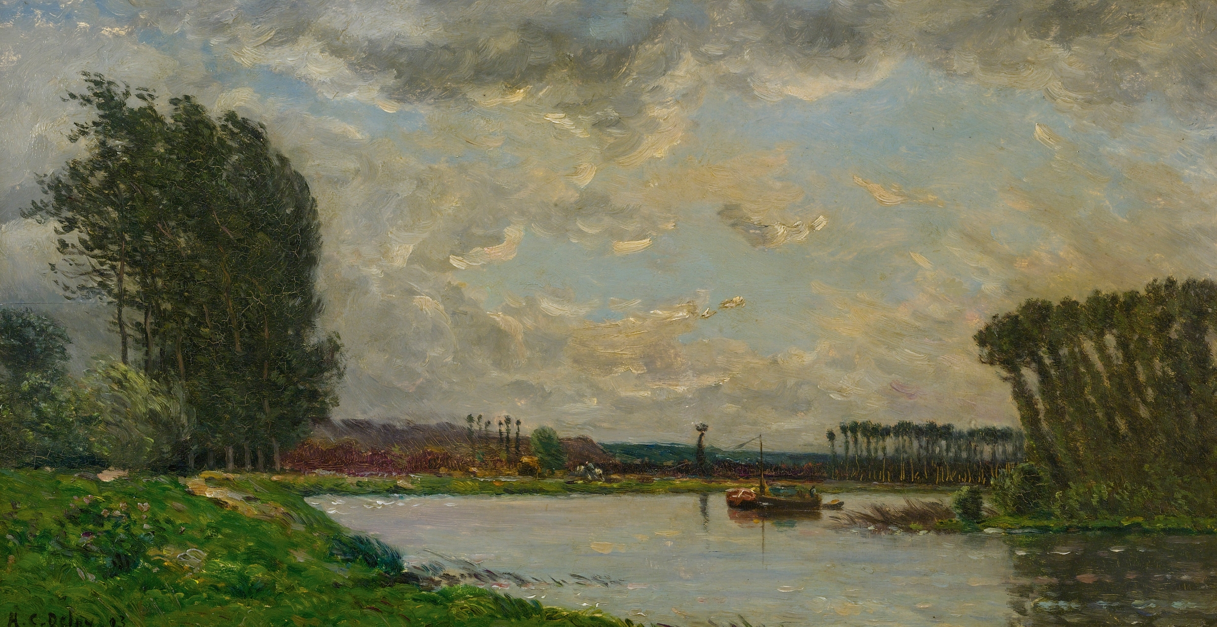 Bateau Sur L’oise by Hippolyte Camille Delpy, oil on canvas depicting a serene river scene
