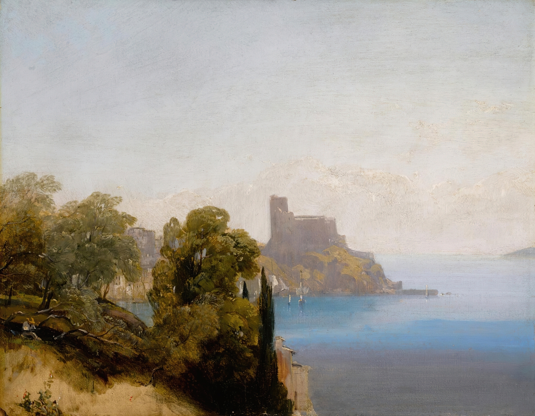 View of Lerici with Baron Charles Rivet sketching in the foreground, by Richard Parkes Bonington, public domain