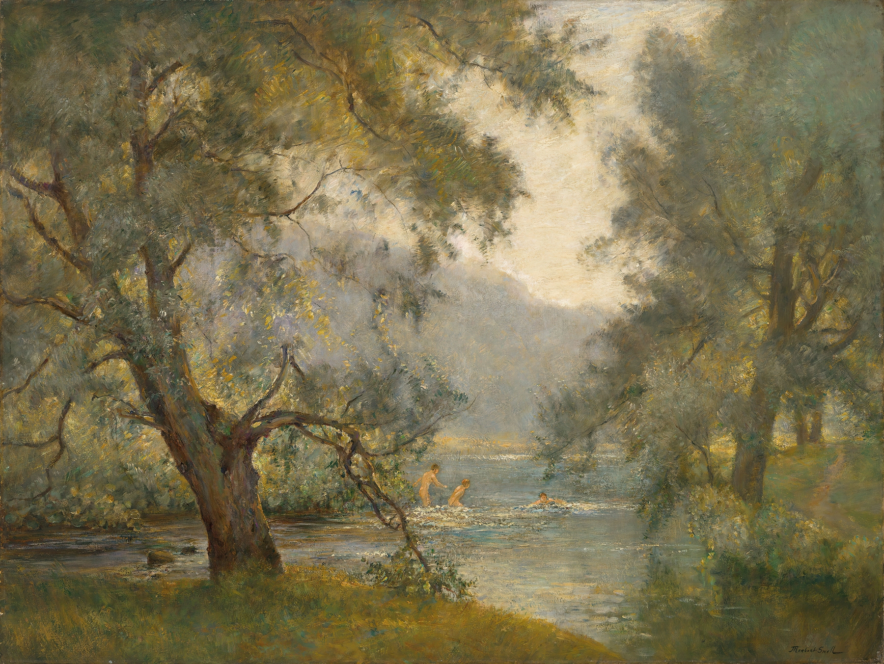 Willow pool landscape by James Herbert Snell, oil painting with reflections on water.