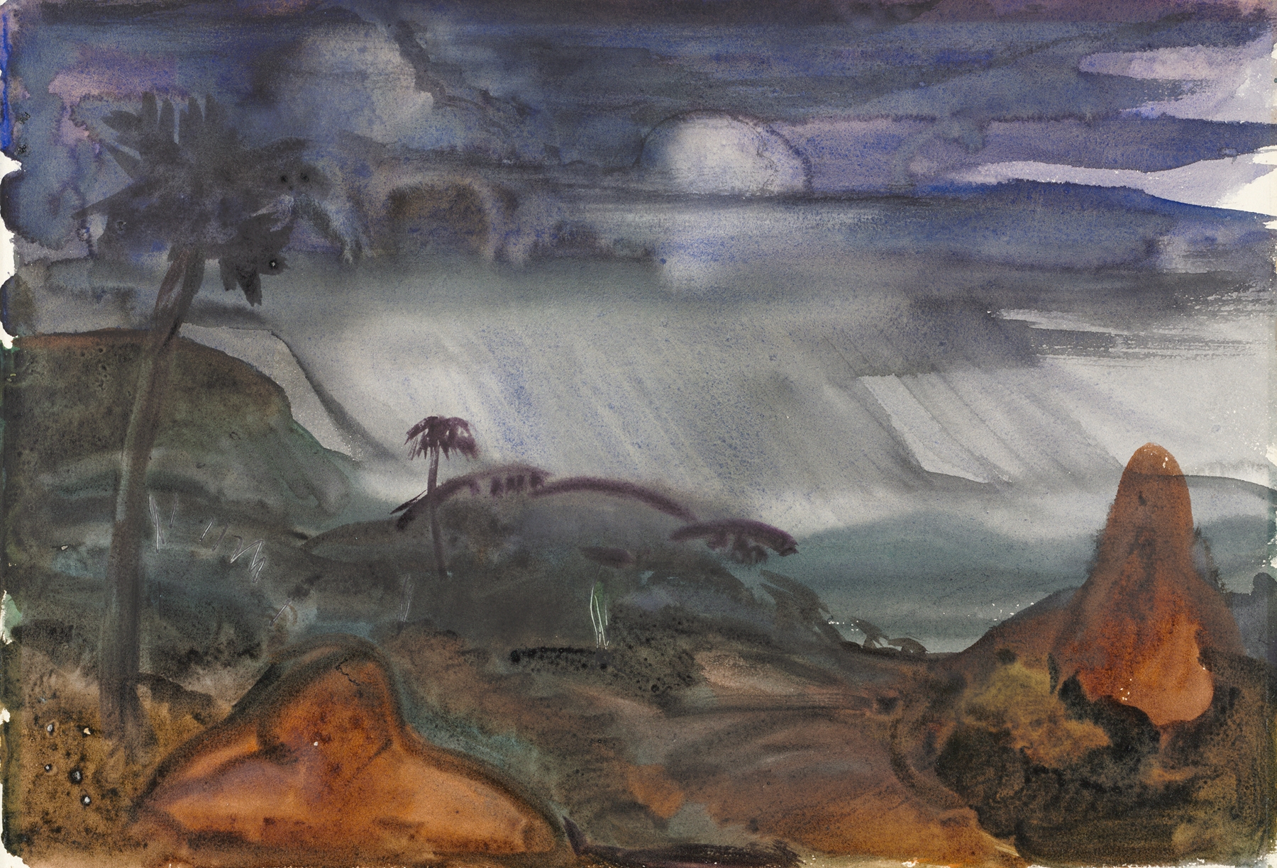 Rain by Paul B. Travis, oil on canvas depicting a stormy landscape with gray tones.