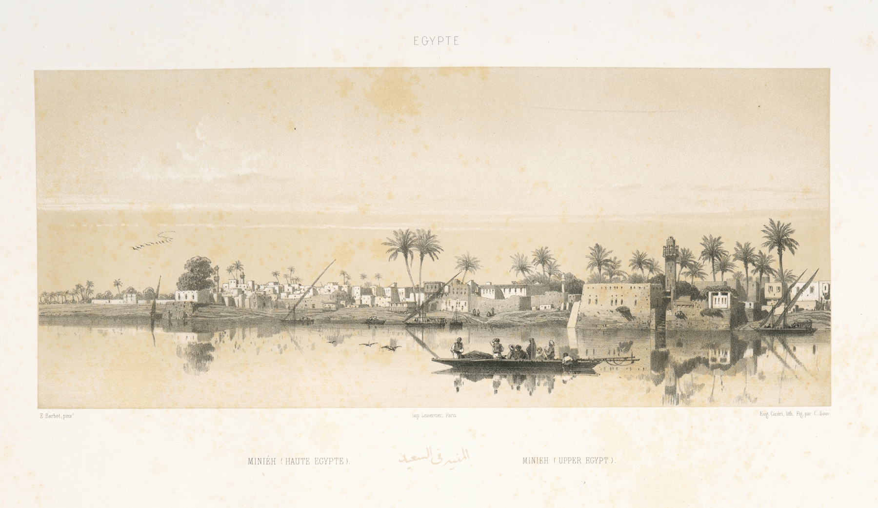 Landscape of Miniéh (Haute Egypte) by Prosper Barbot, oil on canvas depicting a sunlit desert scene.