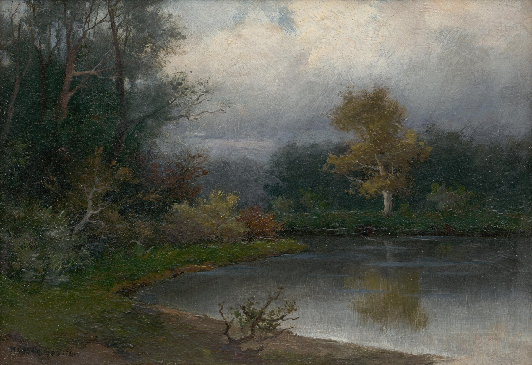 Landscape with a Pond by Felicián Moczik, impressionism, depicting a tranquil pond surrounded by trees.