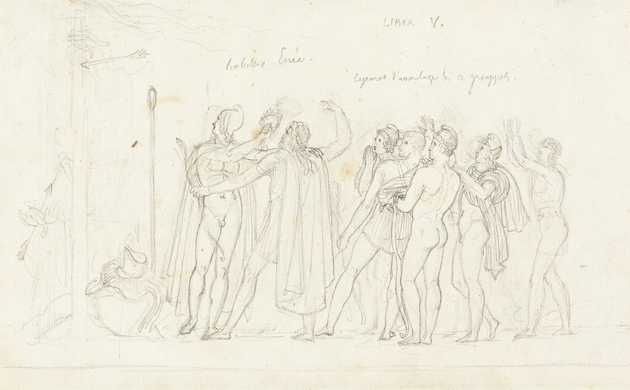 A painting depicting a mythological archery match from the Aeneid.