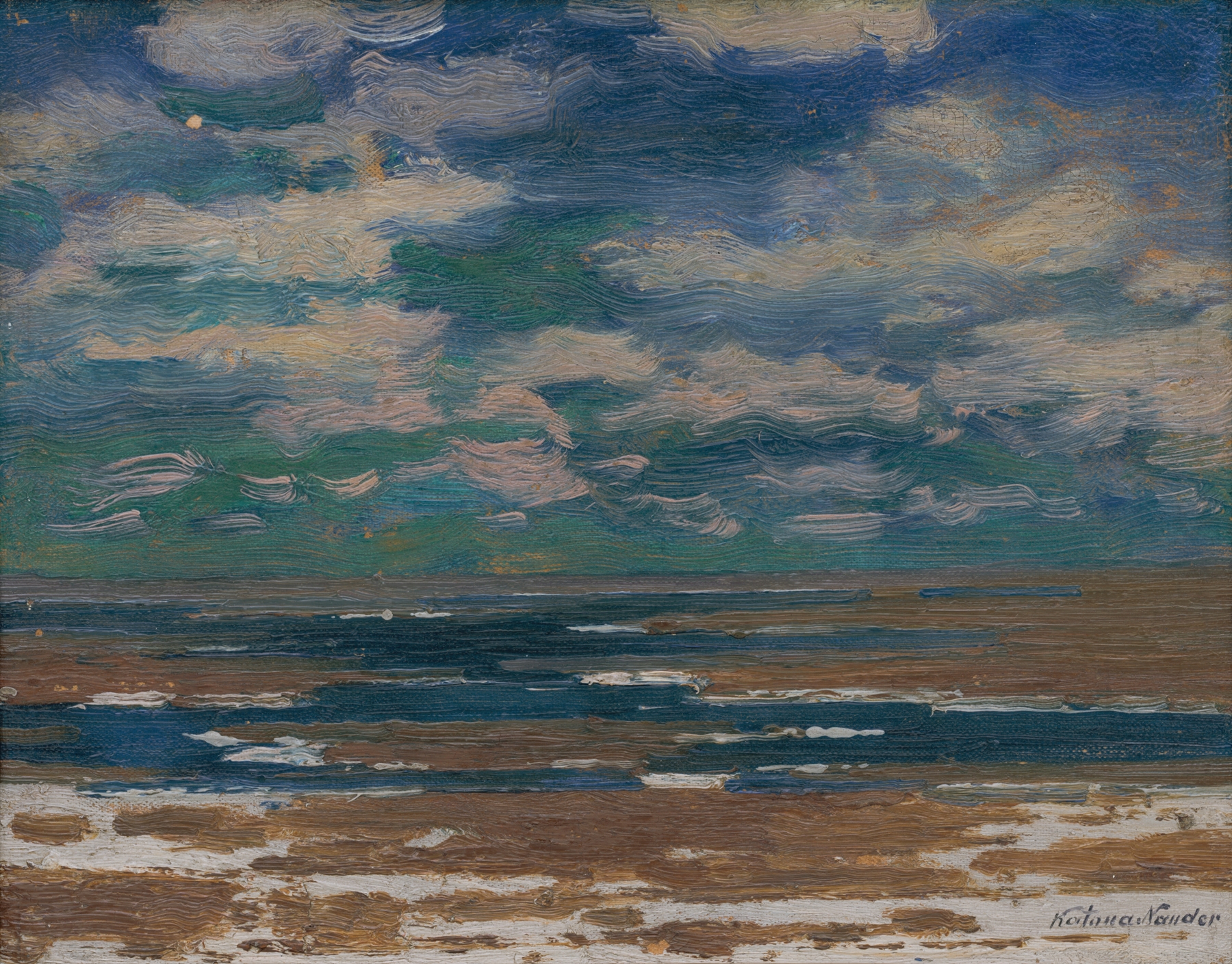 Landscape with Spring Clouds, oil on canvas by Ferdinand Katona, featuring swirling clouds and vibrant spring colors.