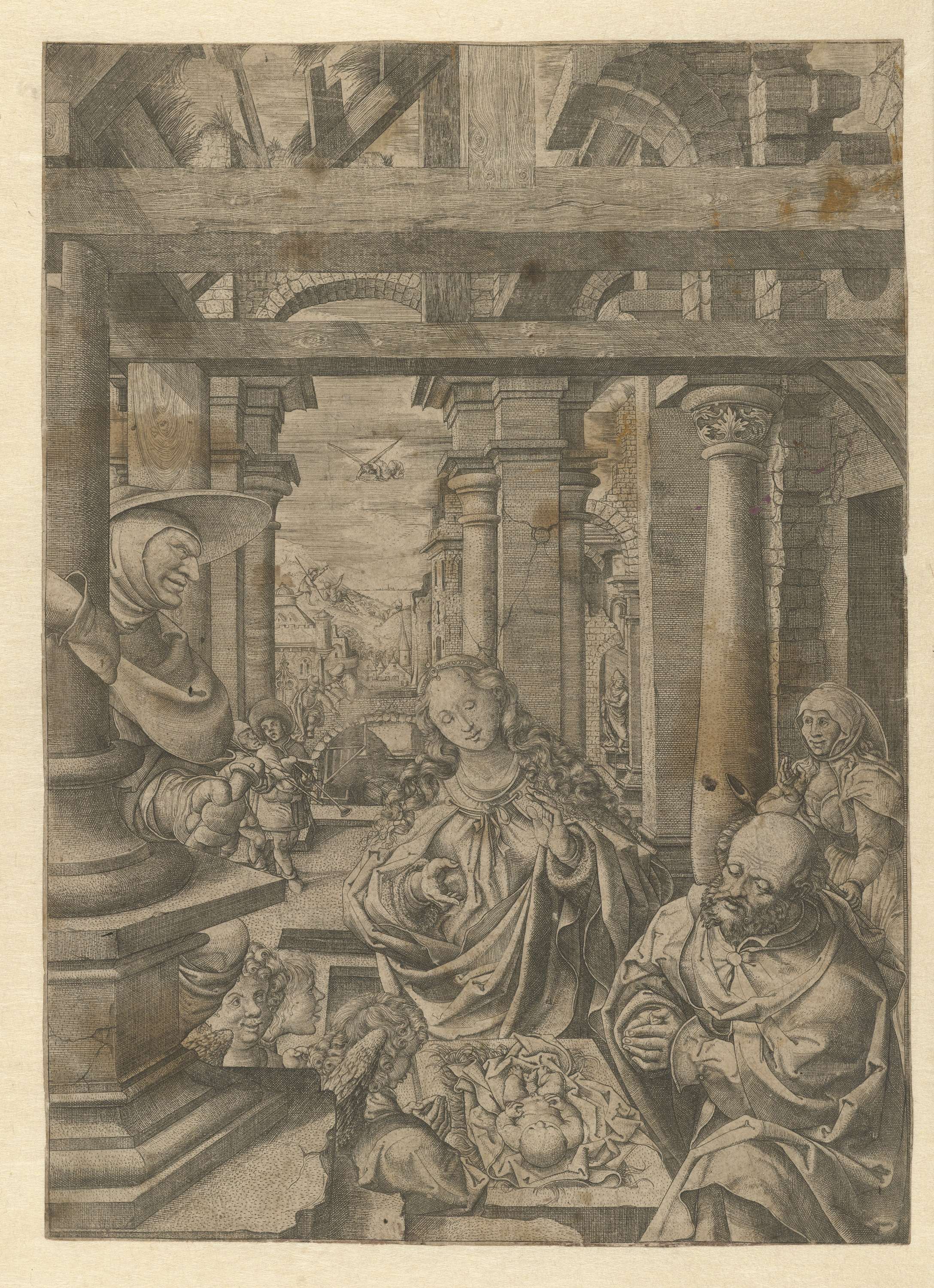 Engraving by Frans Crabbe van Espleghem depicting shepherds in adoration with radiant light