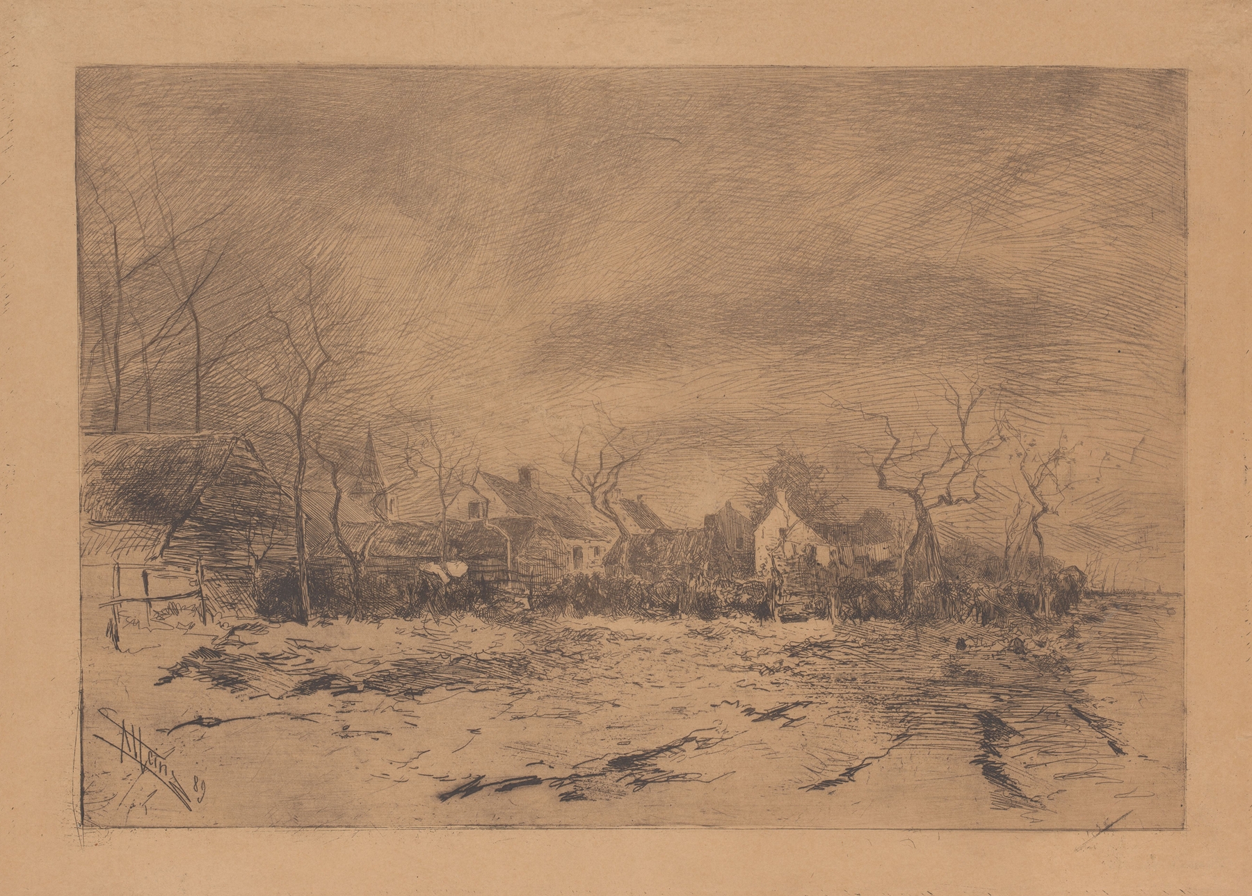 Village landscape with thatched roofs and hills, oil on canvas by Armand Heins