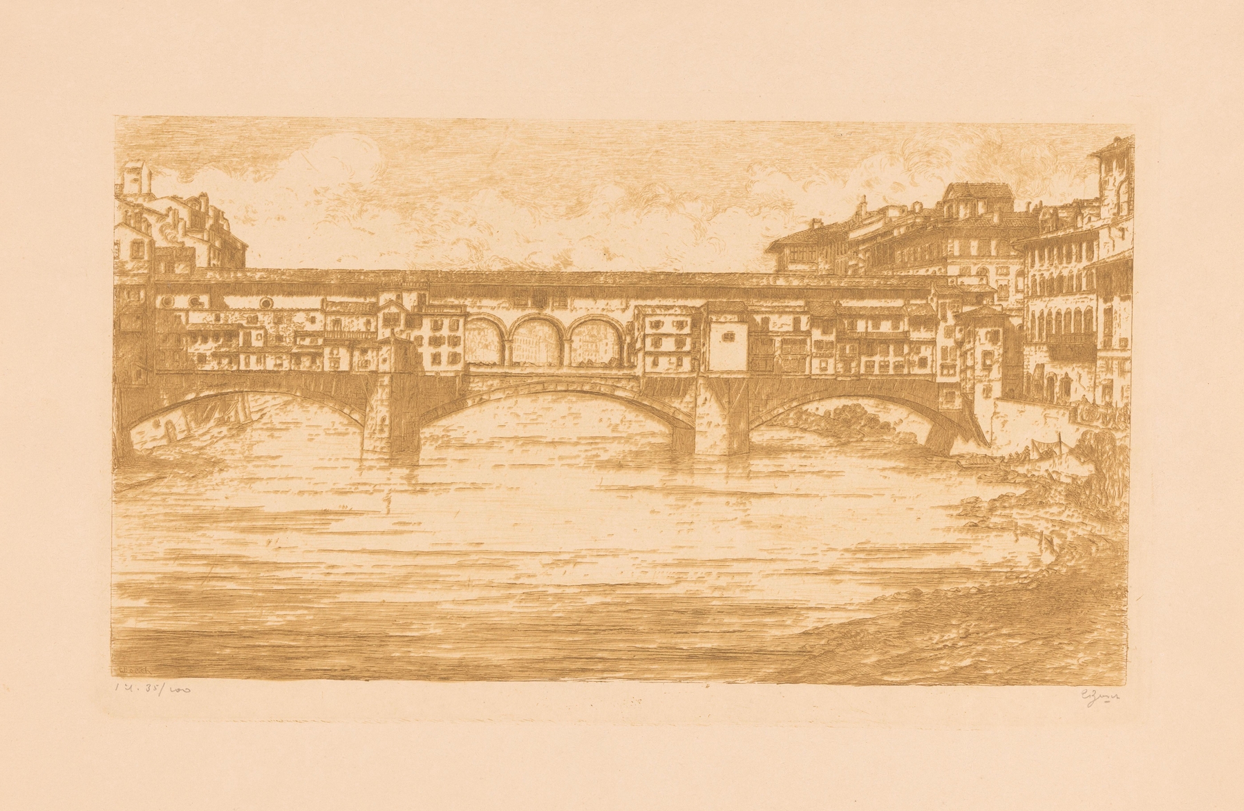 Ponte Vecchio in Florence, oil on canvas by Etienne Bosch, featuring a river and bridge.
