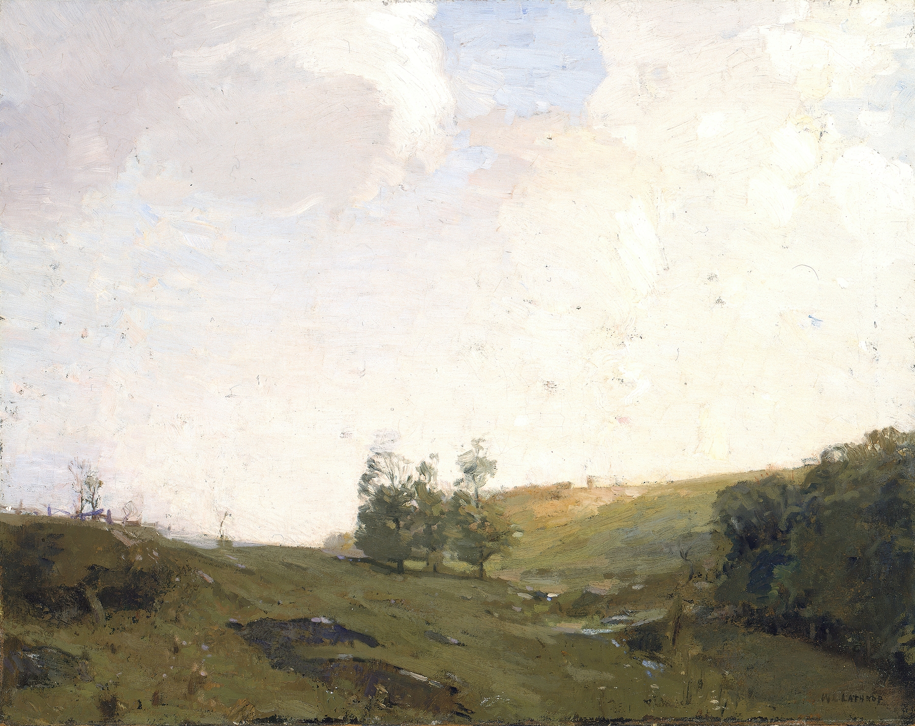 The Three Trees by William Langson Lathrop, oil on canvas depicting trees and light.