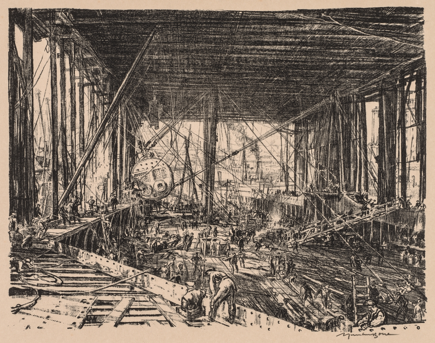 On the Clyde, 1917-1918; The Floor of the Train Ferry, by Muirhead Bone, public domain