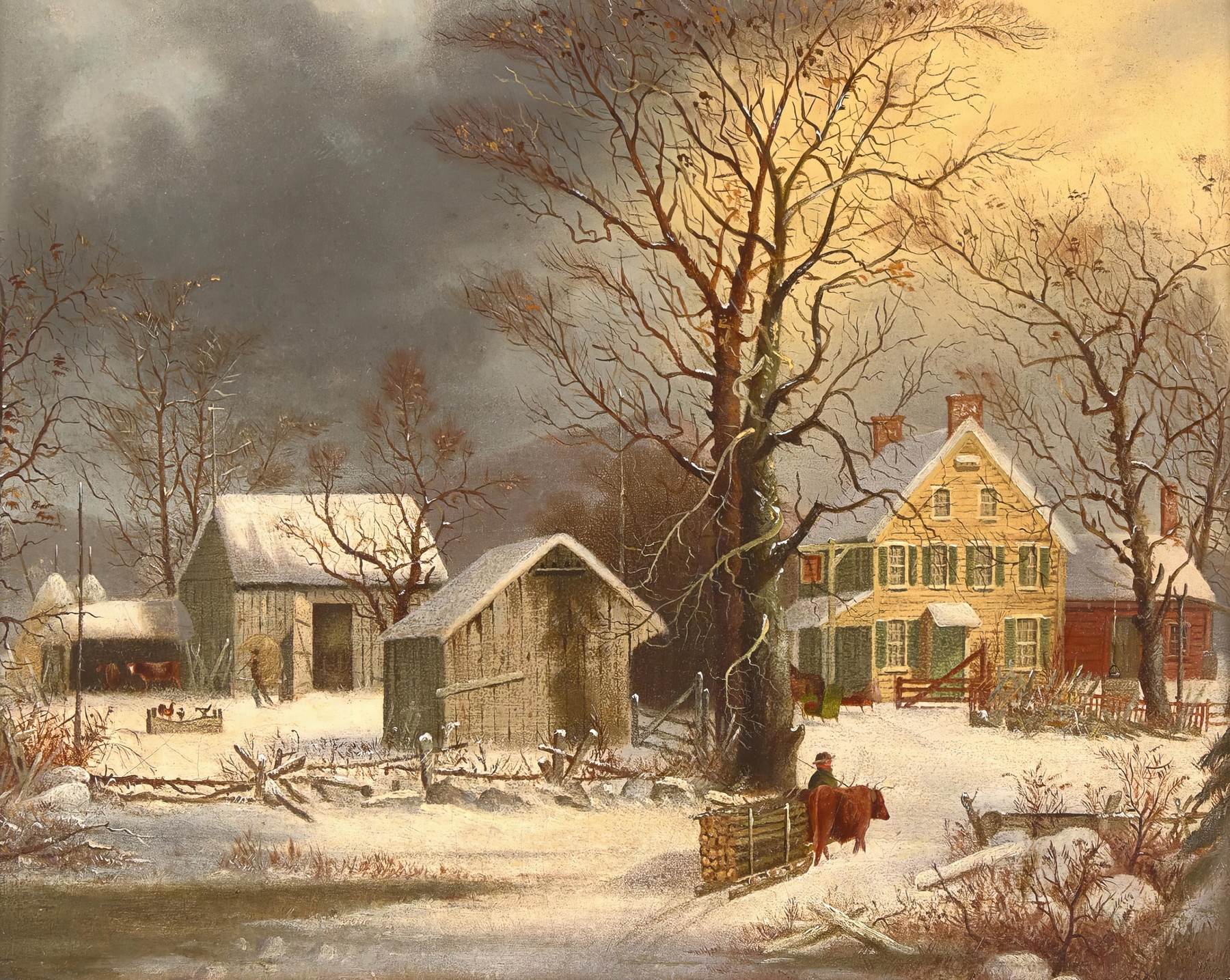 Winter in the Country, an oil painting by George Henry Durrie depicting a snowy New England farmstead.