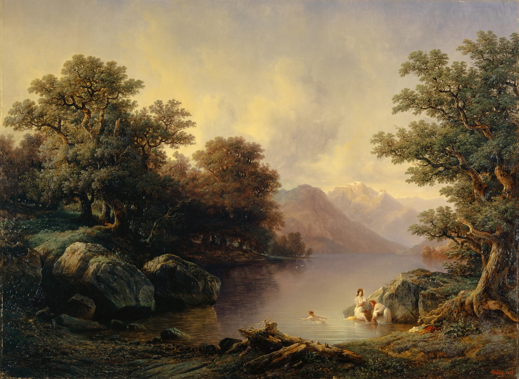 Oil painting by François Diday depicting bathers by Lake Brienz with mountains in the background.
