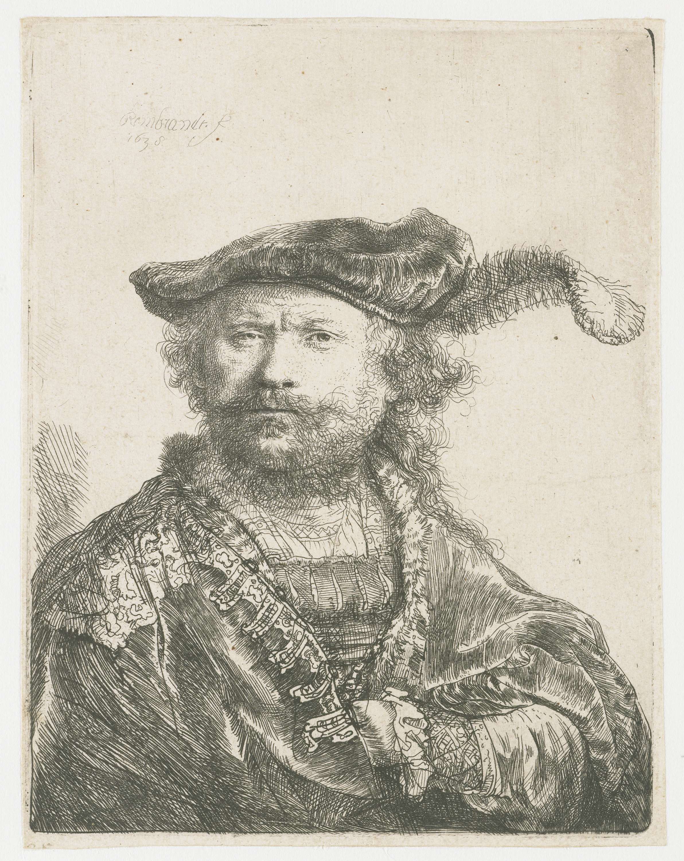 Self-portrait in a Velvet Cap with Plume, by Rembrandt van Rijn, public domain
