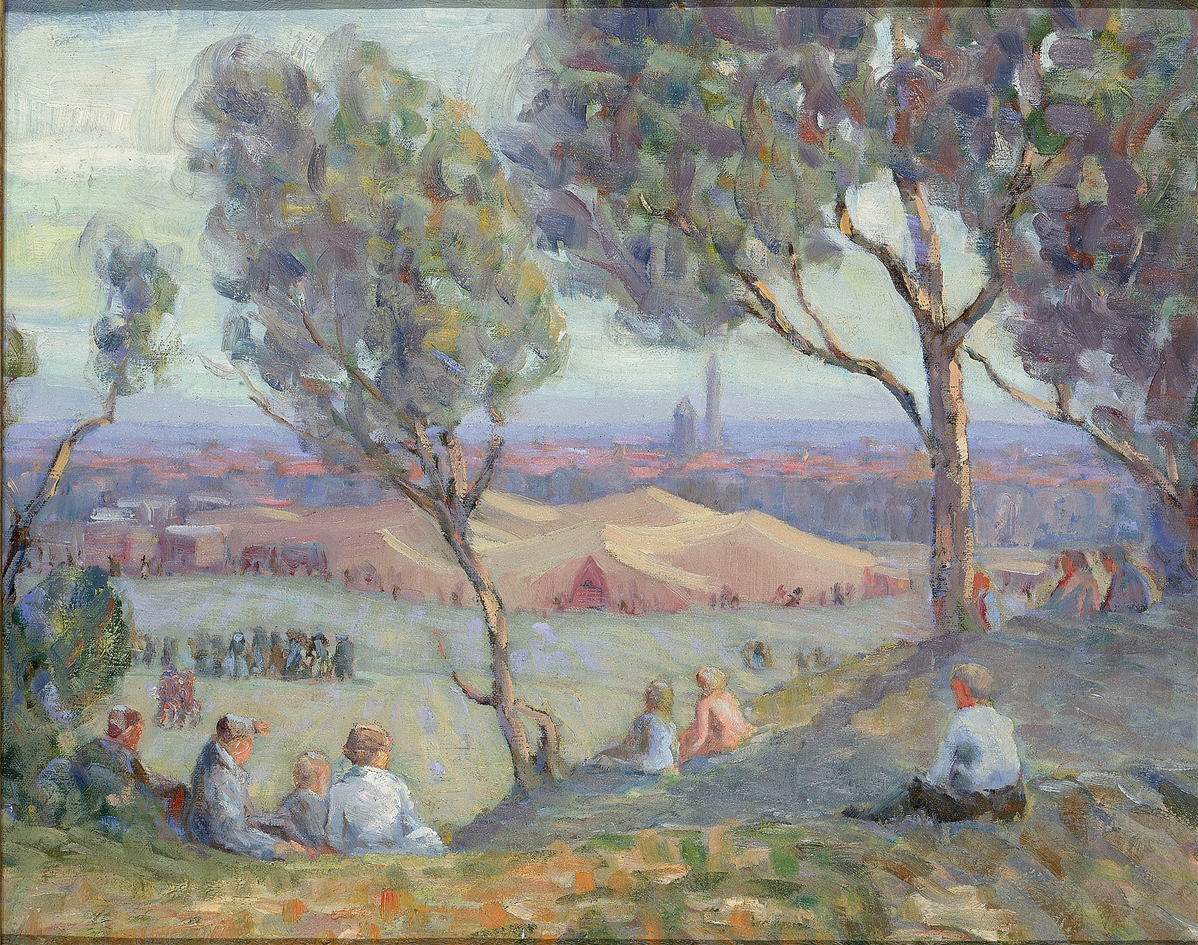 Landscape oil painting by A. H. O. Rolle featuring Washington Monument and Chautauqua tents