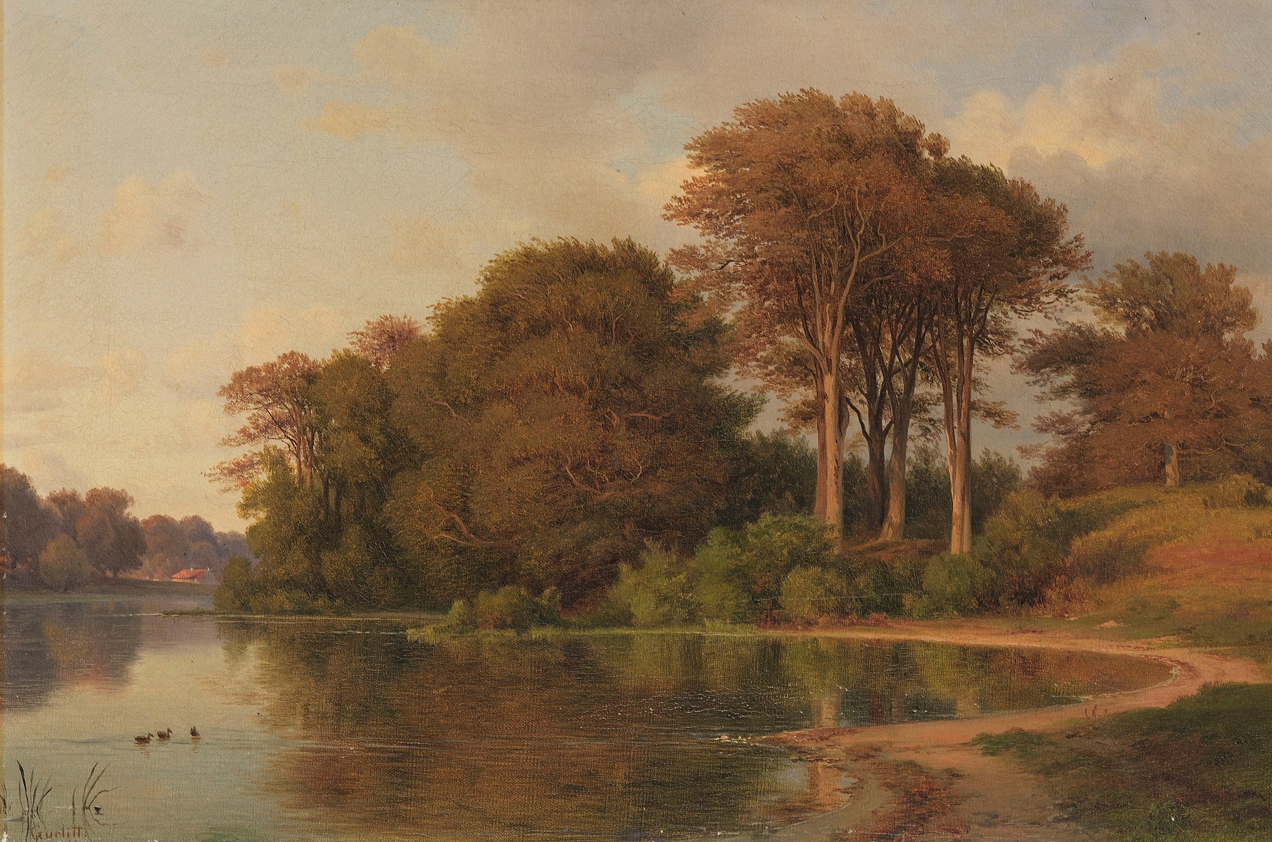 Romanticism landscape by Louis Gurlitt, featuring a lake and trees.