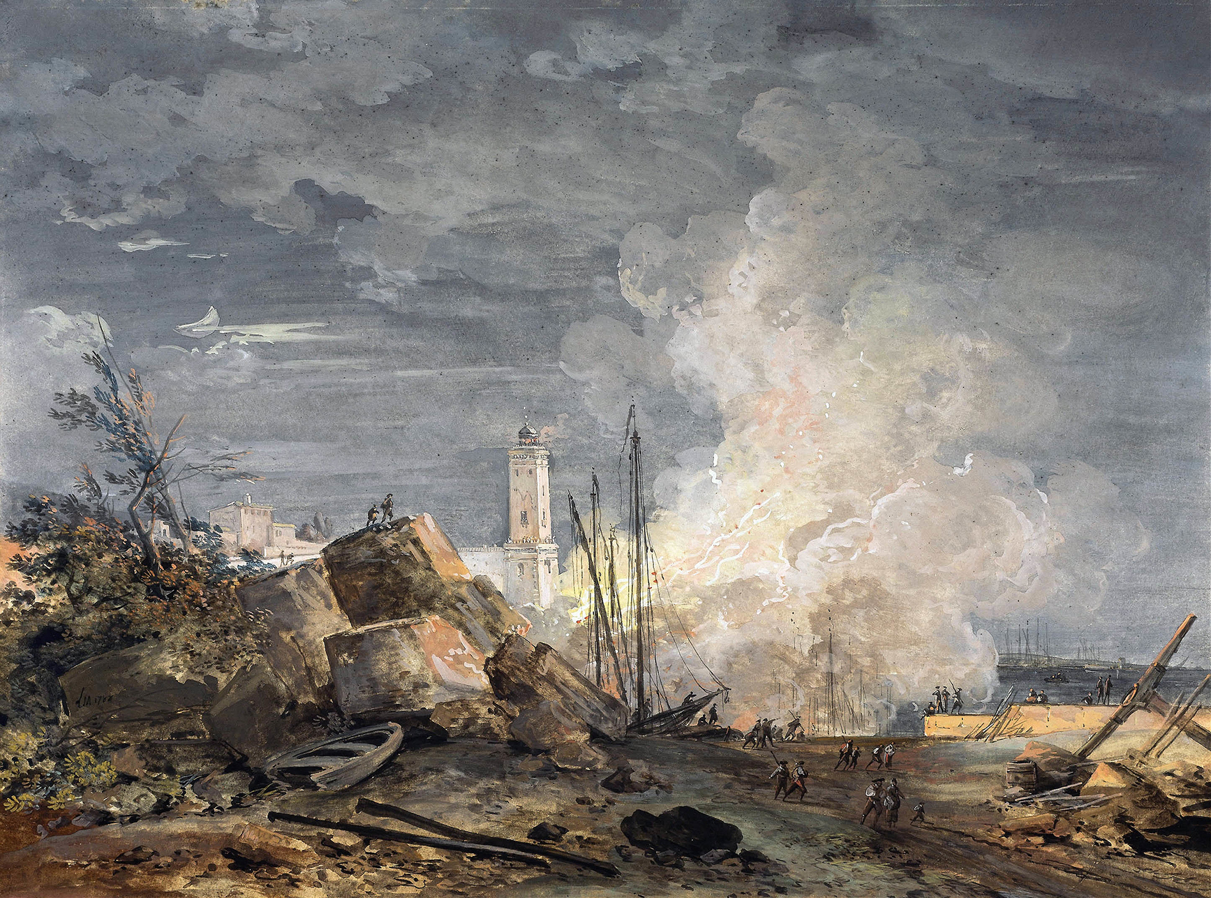 Fire in the Port, oil on canvas by Louis Gabriel Moreau, depicting a chaotic marine scene with flames and dark sky.