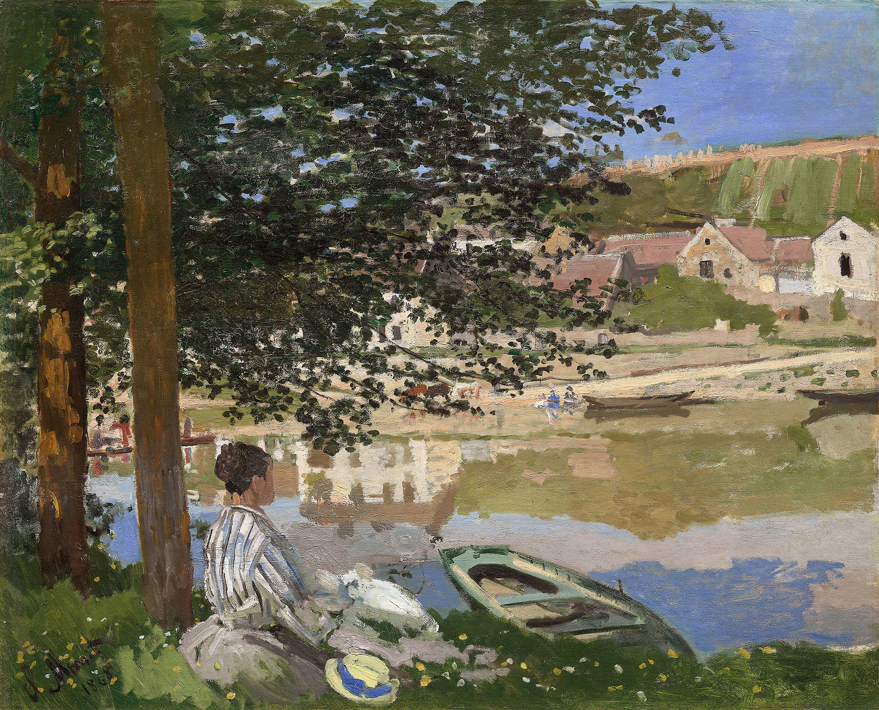 On the Bank of the Seine, Bennecourt by Claude Monet, oil painting depicting a river landscape