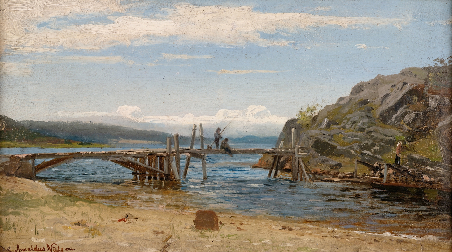 Marine scene with calm waters and clouds, oil painting by Amaldus Nielsen