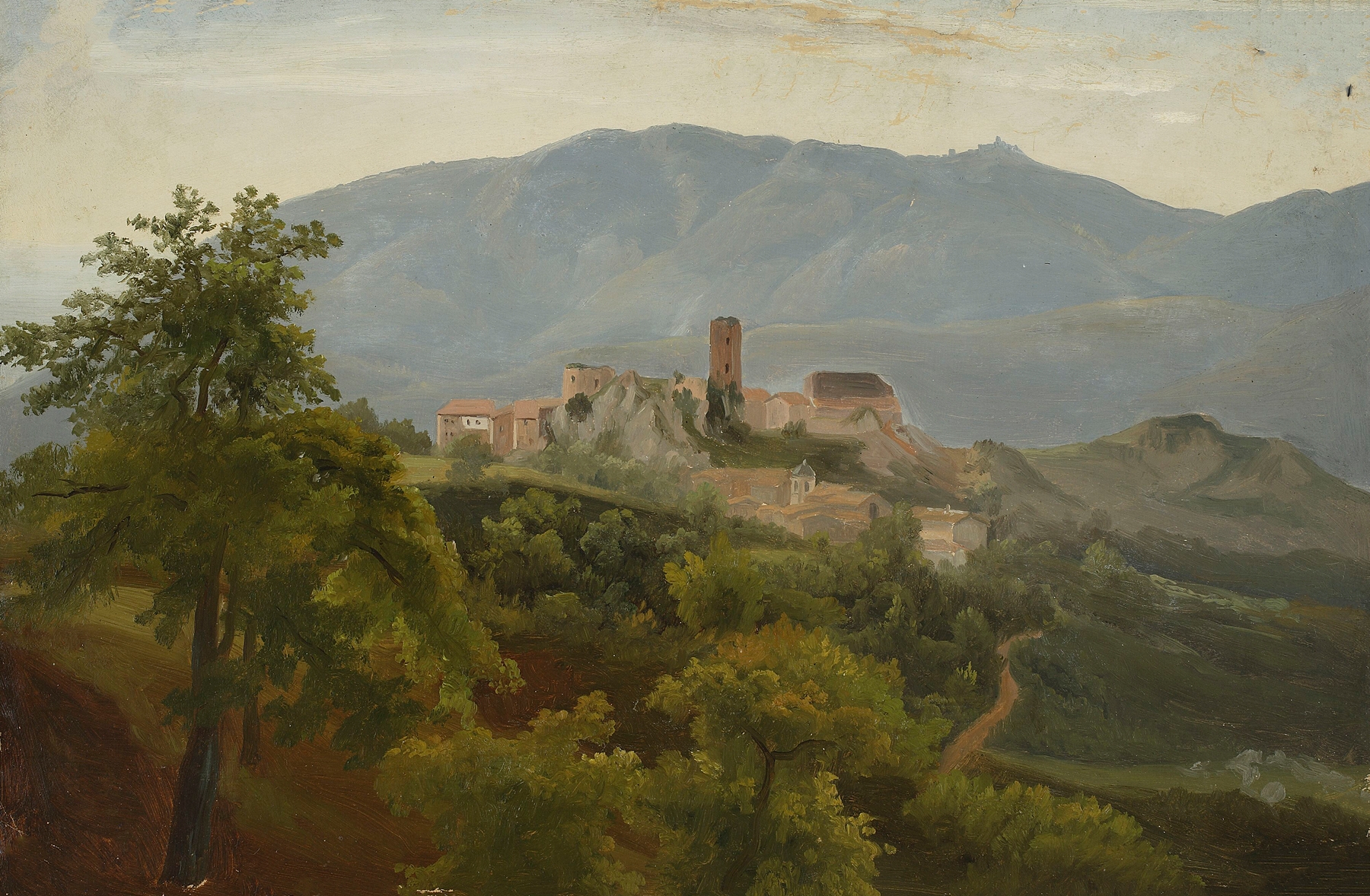 Landscape in Northern Italy by Chrystian Breslauer, oil painting depicting rolling hills and a river.