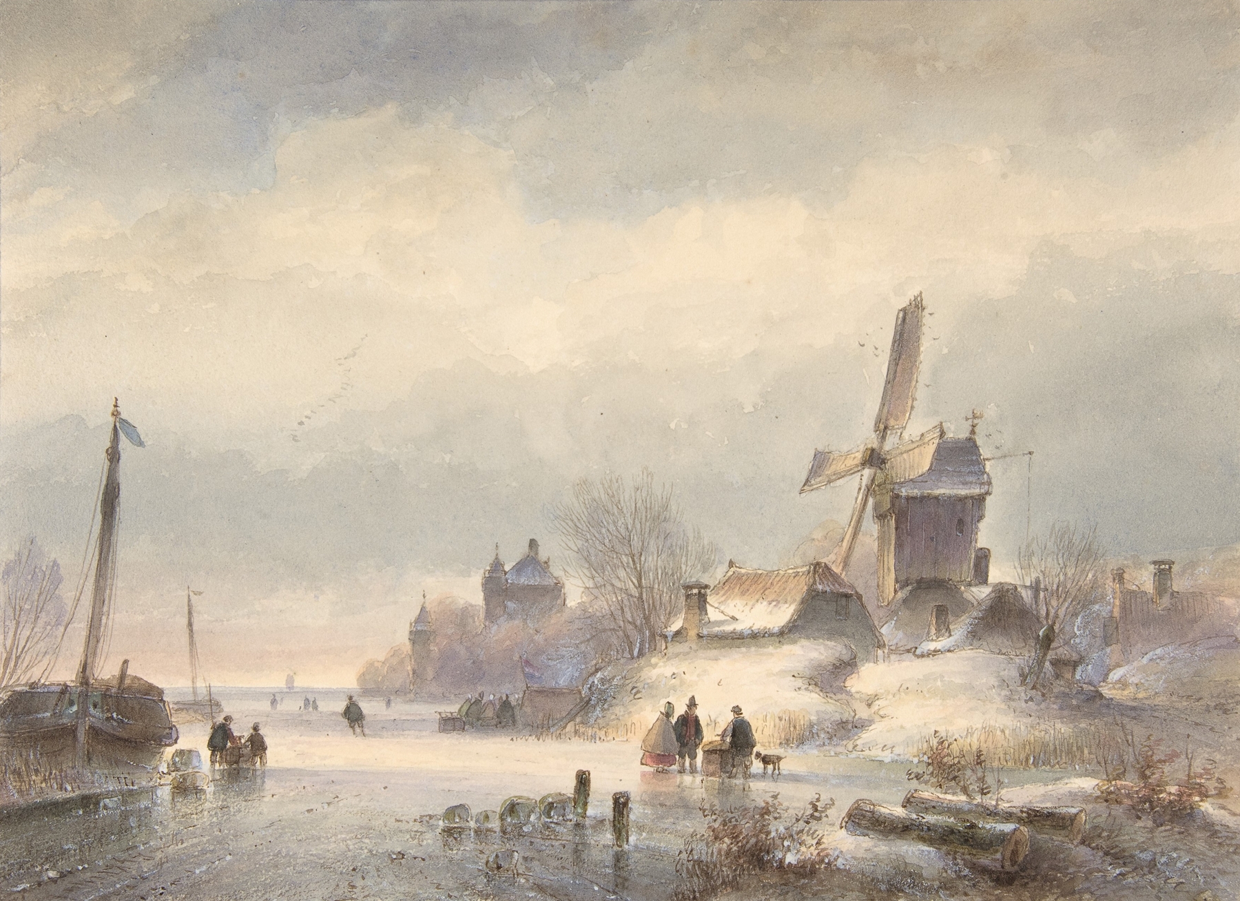 Winter landscape with frozen river by Lodewijk Johannes Kleijn, oil painting
