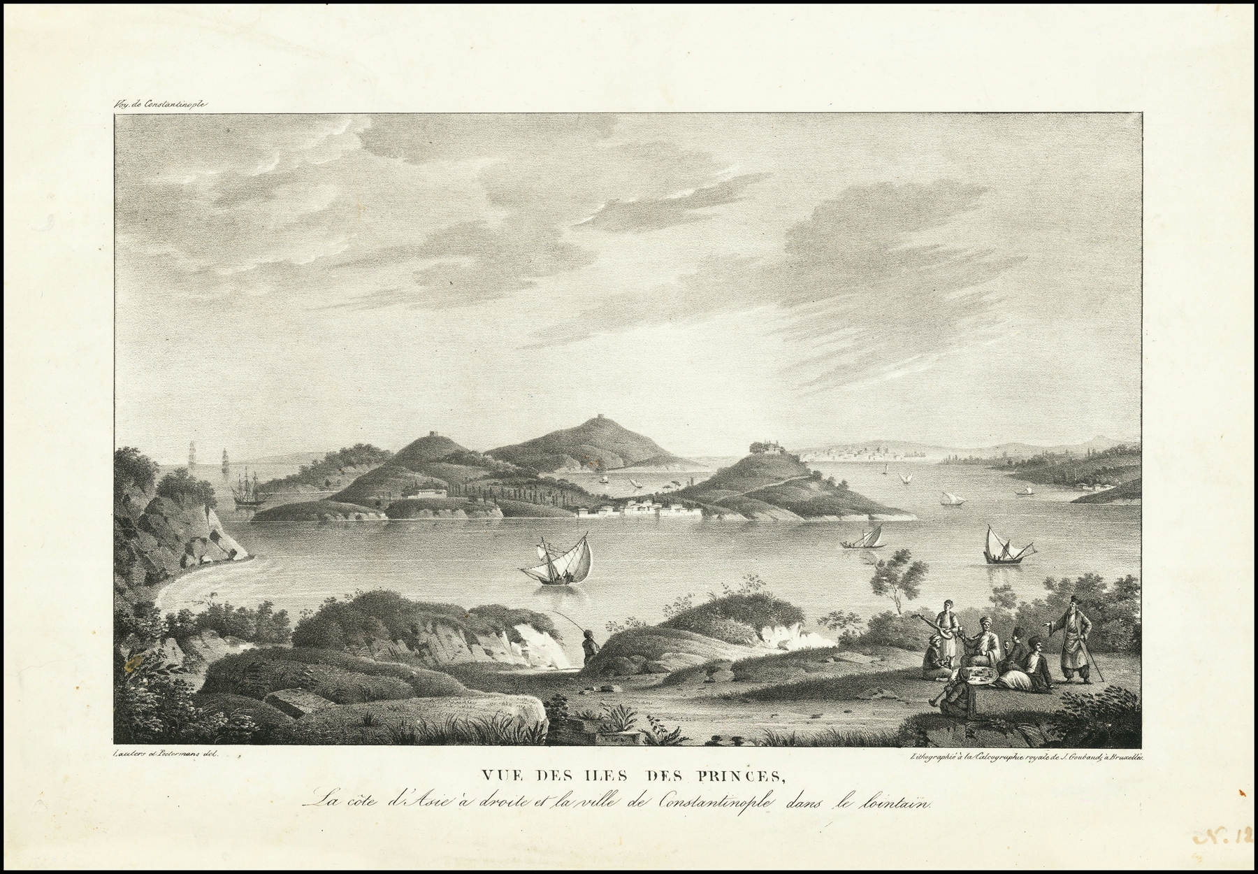 Vue des Iles des Princes, oil on canvas by Antoine Ignace Melling depicting a landscape with water and a distant city.