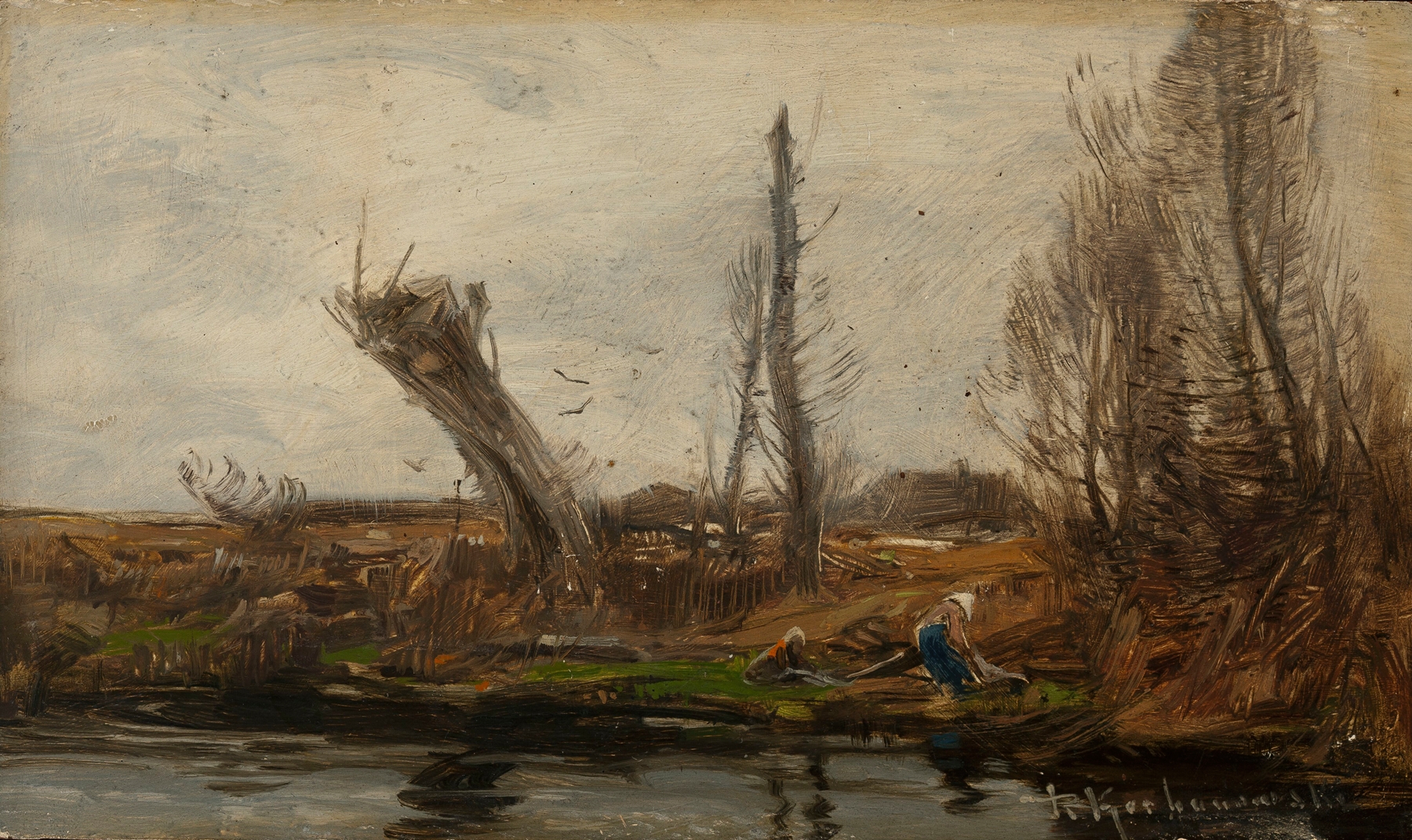 Willows at waterside by Roman Kazimierz Kochanowski, impressionism, depicting tranquil water and reflections.