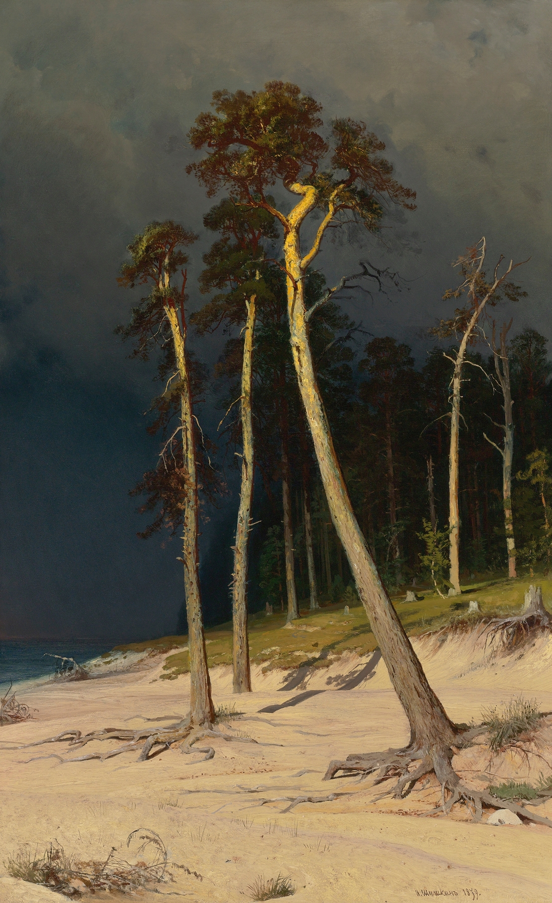 Sandy Coastline by Ivan Ivanovich Shishkin, oil painting of a serene beach scene.