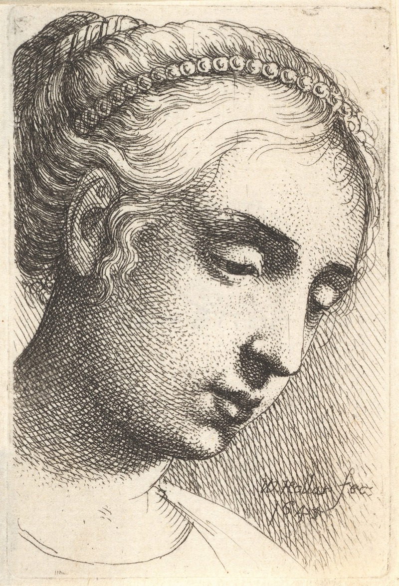 A portrait of a woman adorned with pearls, gazing downwards.