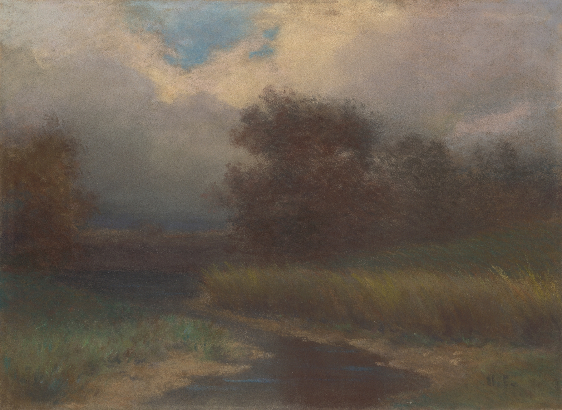 Landscape of a brook surrounded by greenery, oil painting by Felicián Moczik
