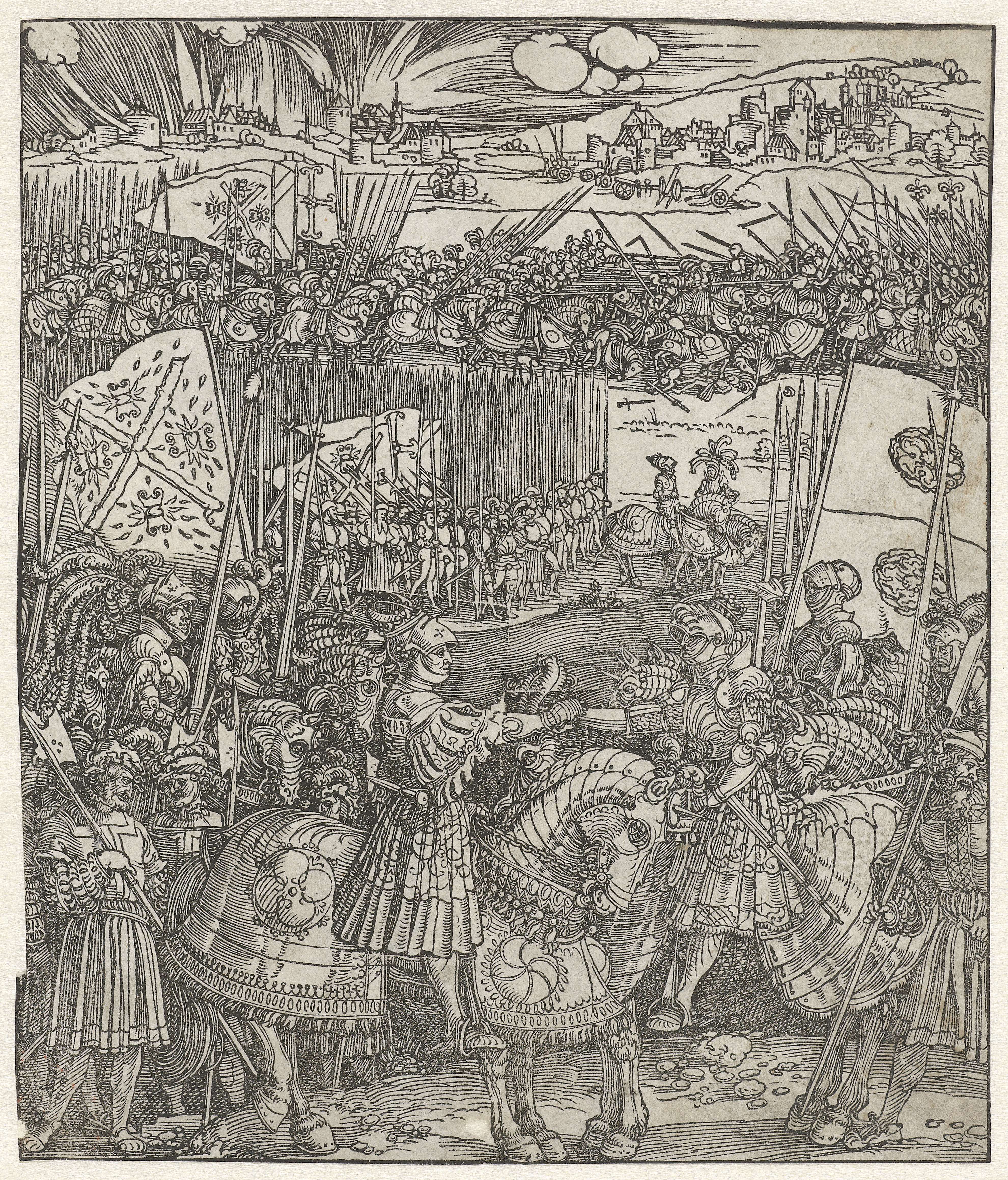 Historical scene of Maximilian I and Henry VII in a solemn pact, etching by Albrecht Dürer