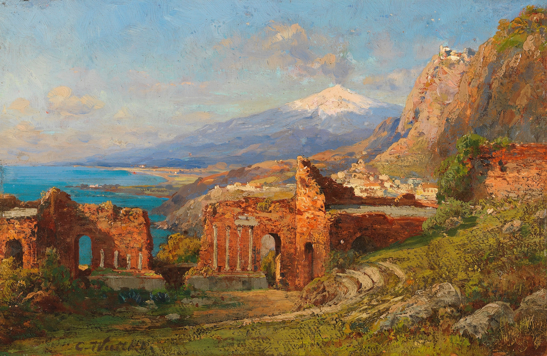 Landscape view featuring ancient theater and Mount Etna by Carl Wuttke, oil painting