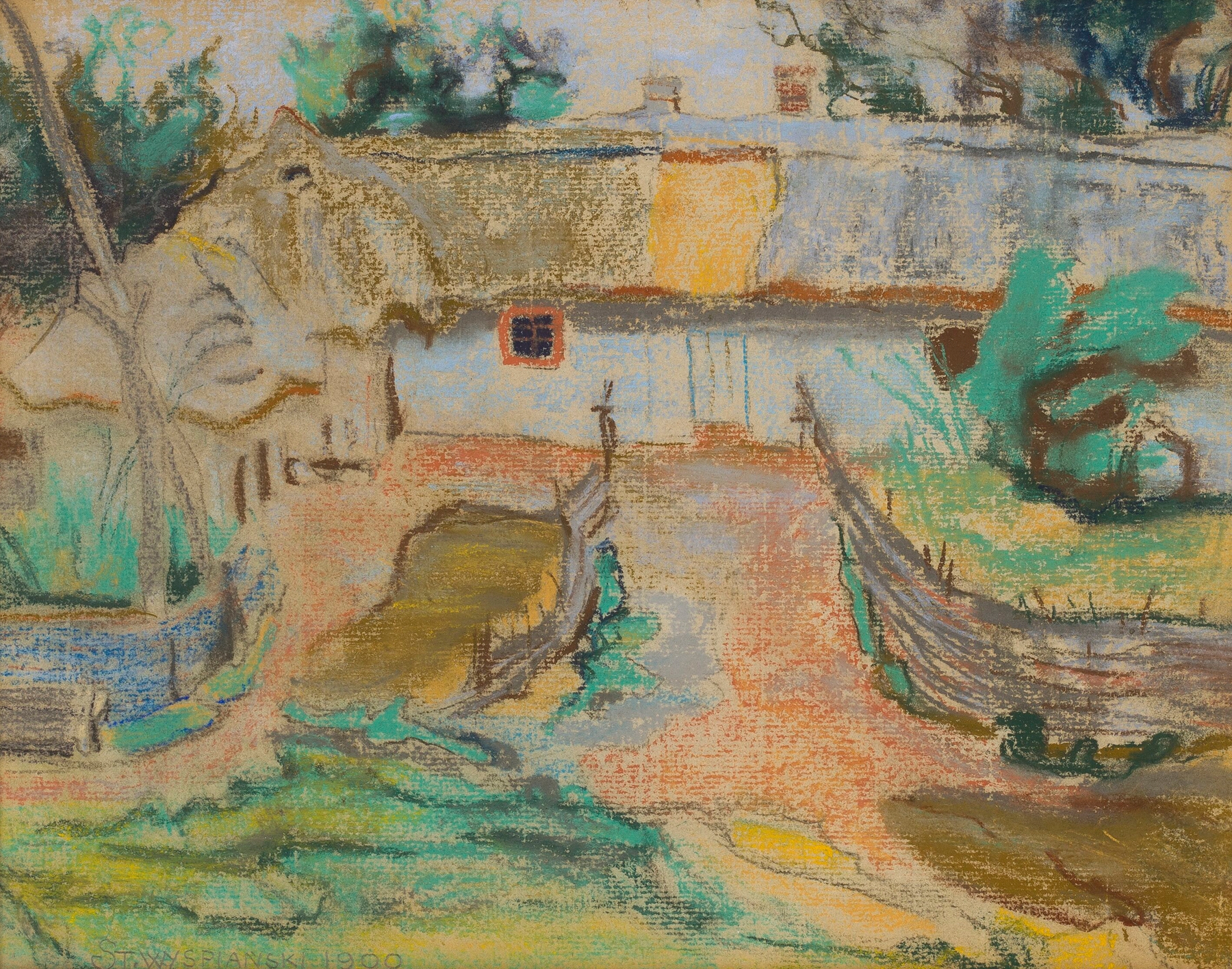 Farm in Konary by Stanisław Wyspiański, a landscape with a farmhouse and fields illuminated by sunlight.