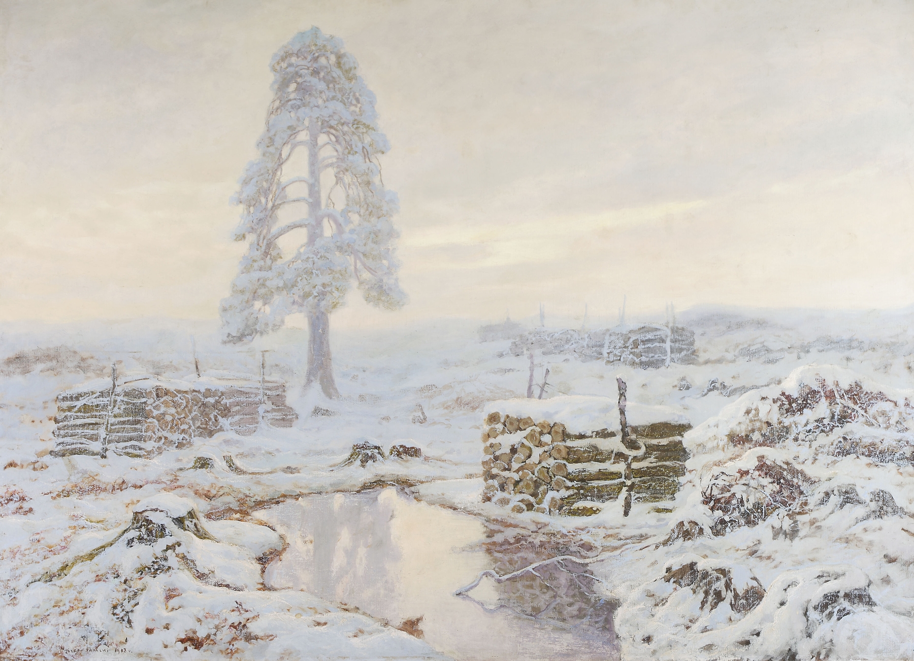 Winter landscape by Józef Rapacki, depicting a snowy scene with a serene horizon, oil painting