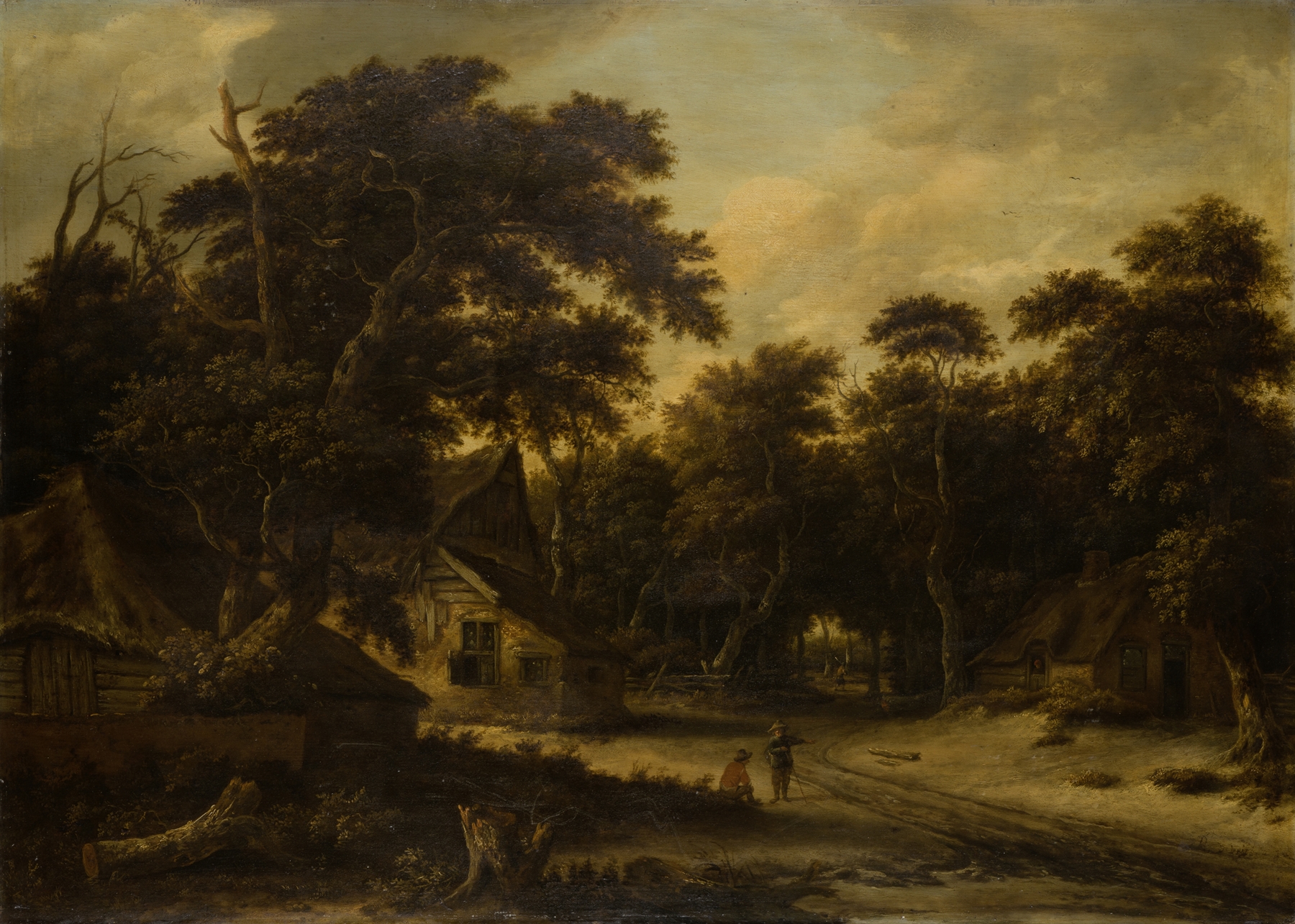 Several Peasant Huts in a Woods, oil painting by Roelof Jansz. van Vries
