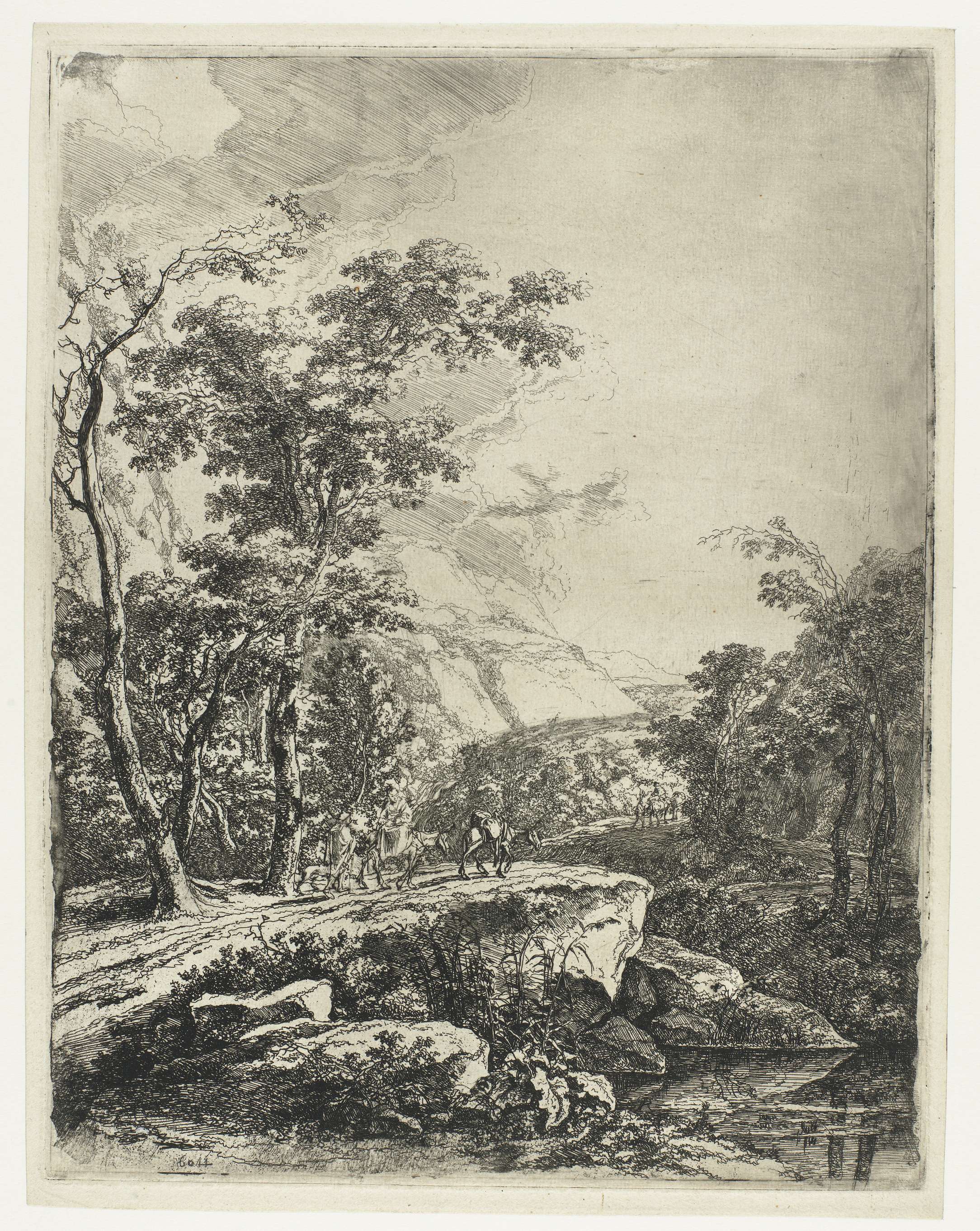 Landscape with a woman riding a mule along the Aqua Negro, etching by Jan Both