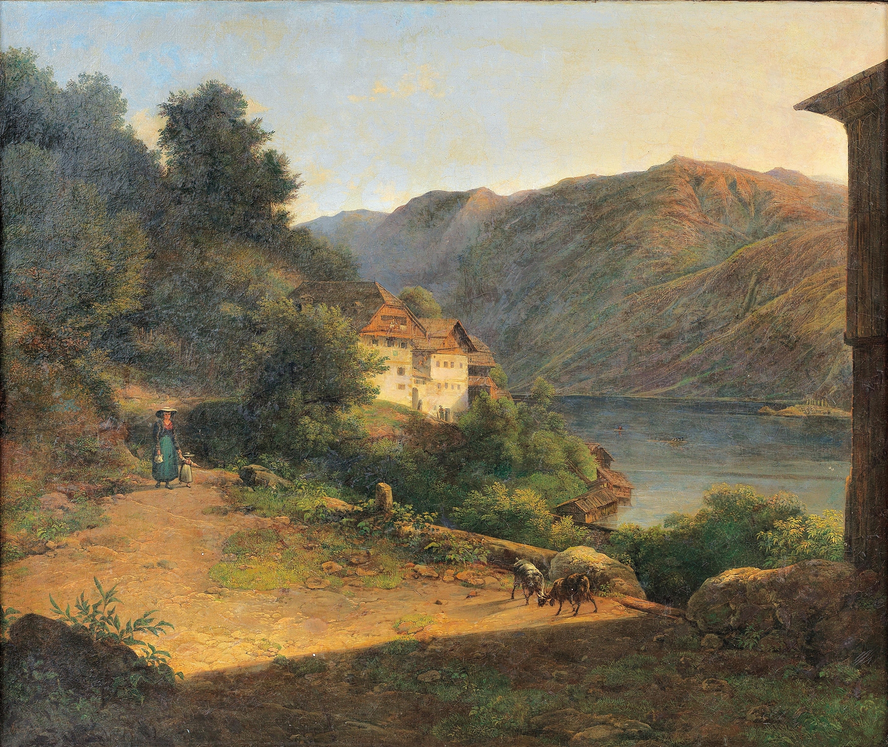 Oil painting by Franz Steinfeld depicting a serene lake and mountains
