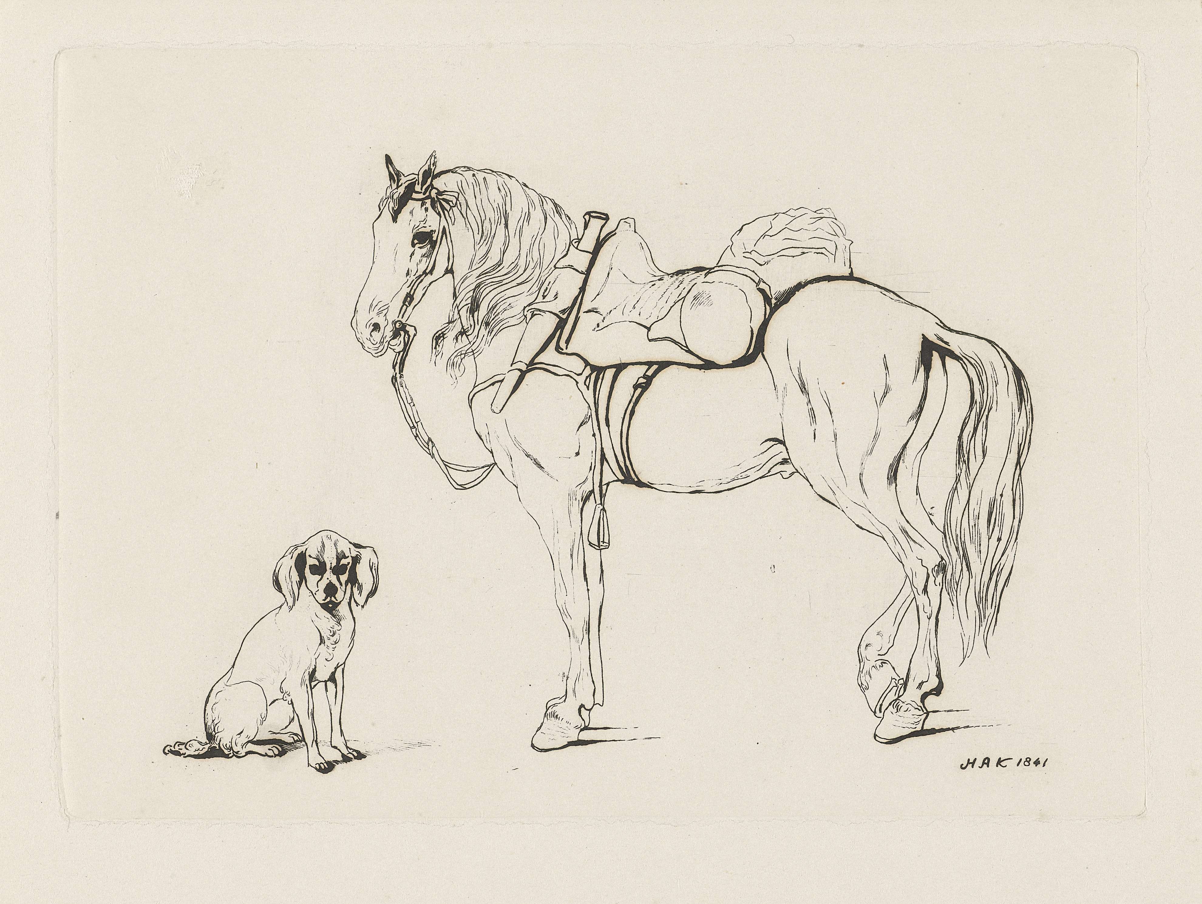 Gezadeld paard en een hond, by Hendrik Abraham Klinkhamer, public domain