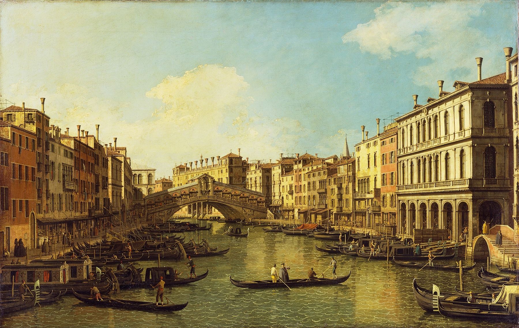 Venice, the Grand Canal oil painting by Canaletto, featuring Palazzo Dolfin-Manin and Rialto Bridge.