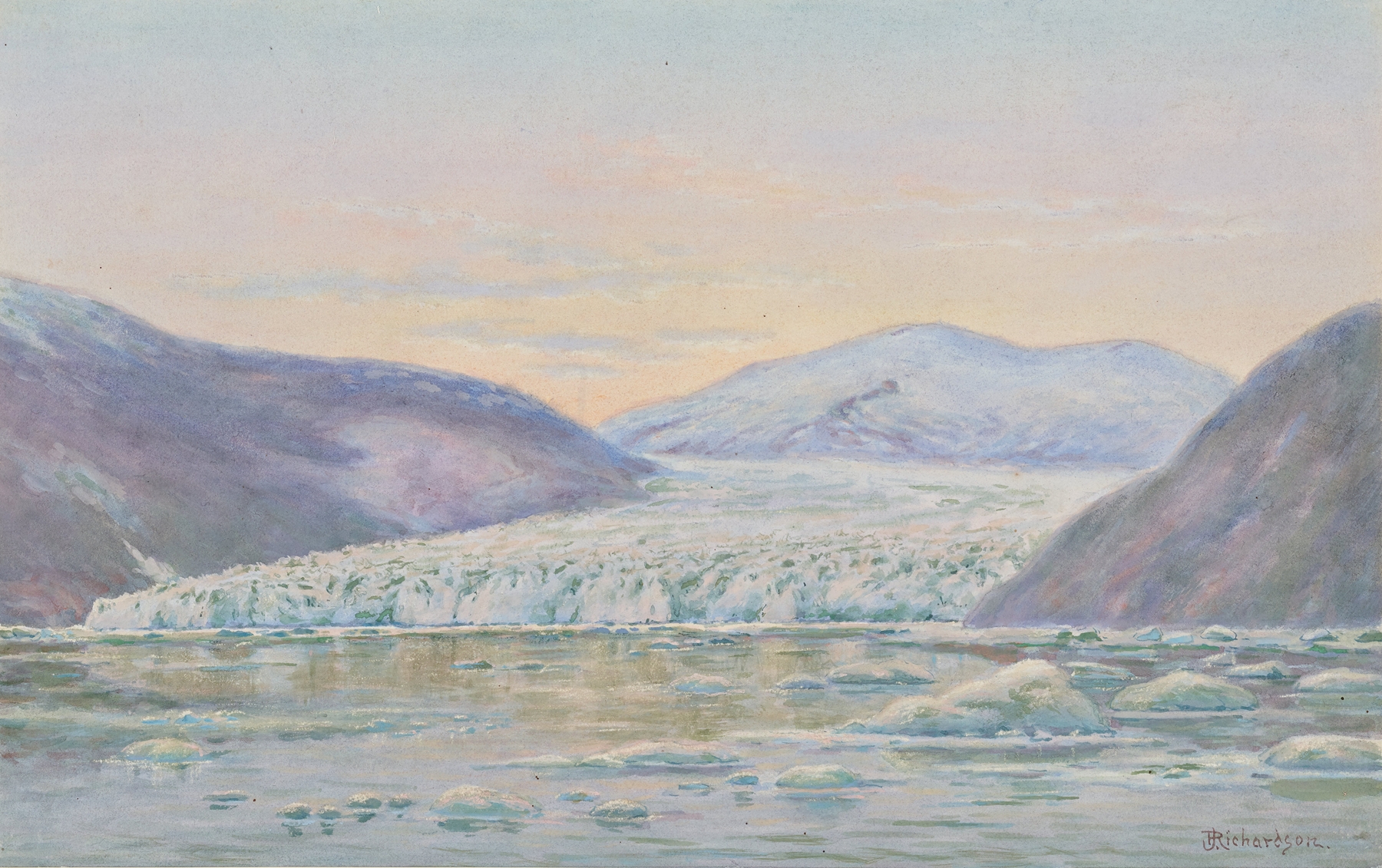 Taku Glacier, Evening by Theodore J. Richardson, oil on canvas depicting a sunset over a glacier.