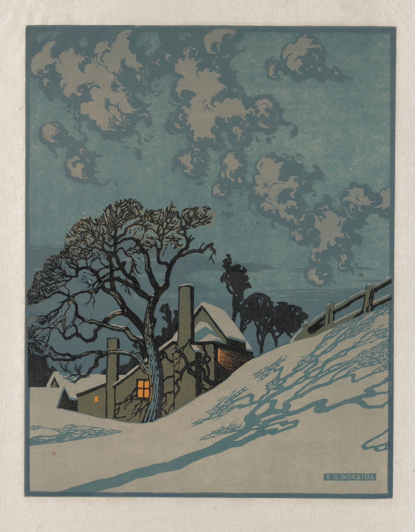Winter by Sylvan Boxsius, a modernism landscape in soft tones depicting snow and frost.