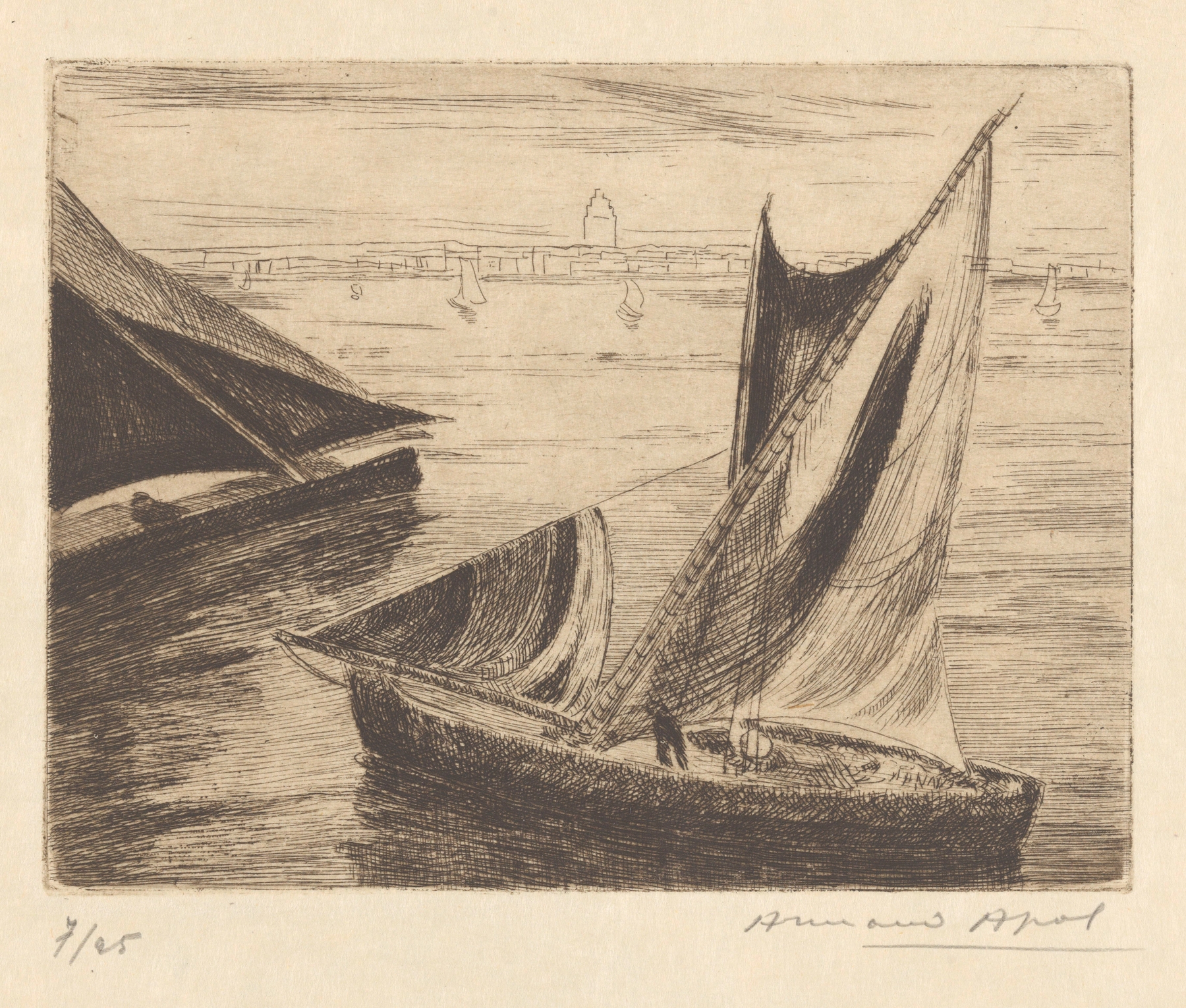 Marseille. Tartanes by Armand Apol, Impressionism, depicting a colorful tartane sailing in a vibrant harbor.