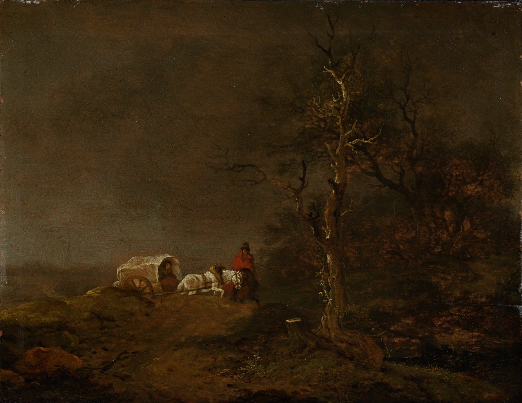 Gewitterlandschaft mit Bauernwagen by Ferdinand Kobell, oil painting depicting a stormy landscape with a rustic cart.