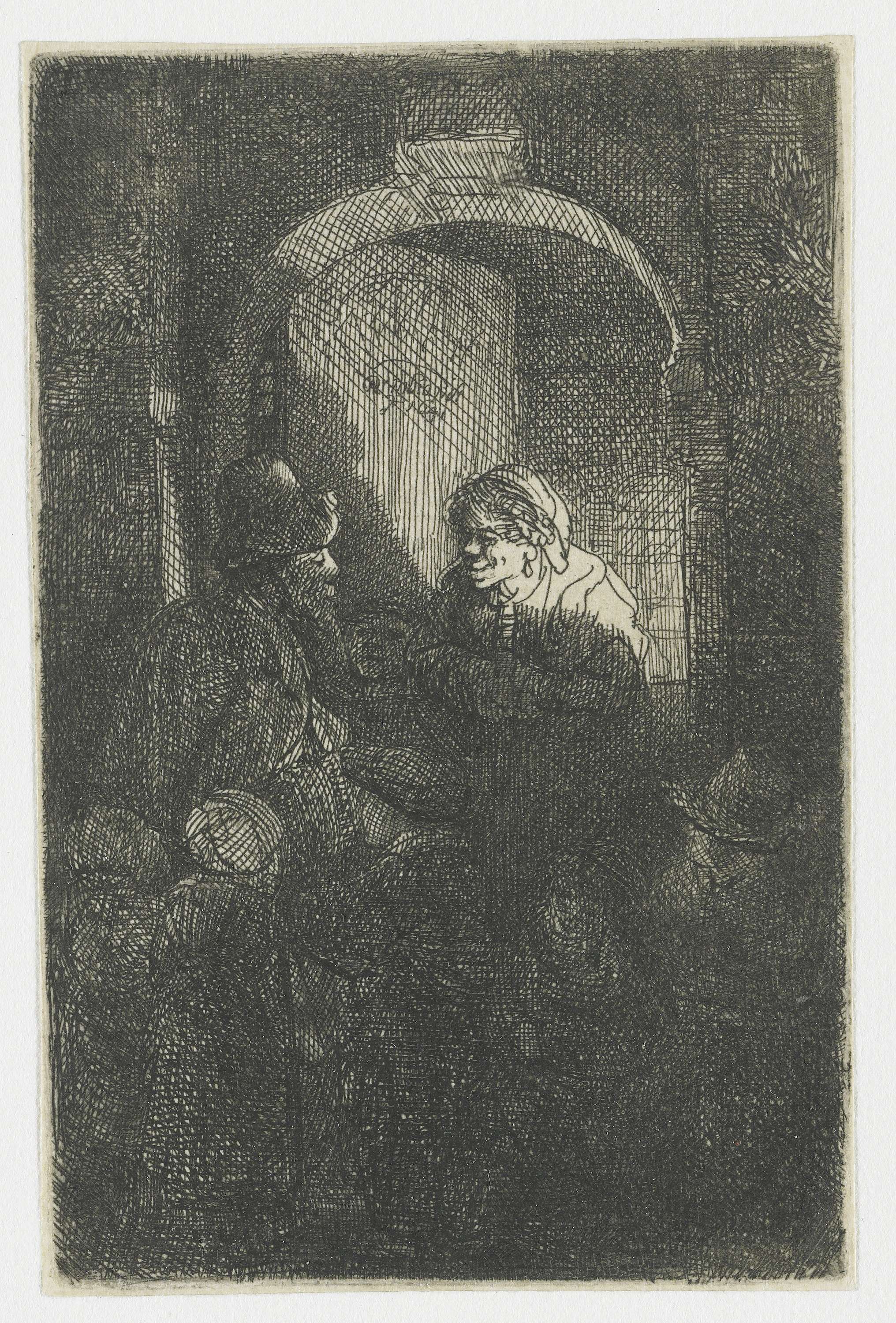 Hurdy-gurdy player with children at a house, etching by Rembrandt van Rijn