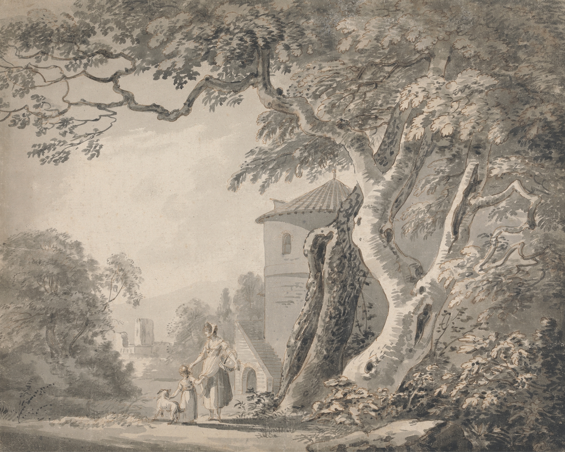 Romantic landscape with figures and a dog, watercolor on paper by Paul Sandby